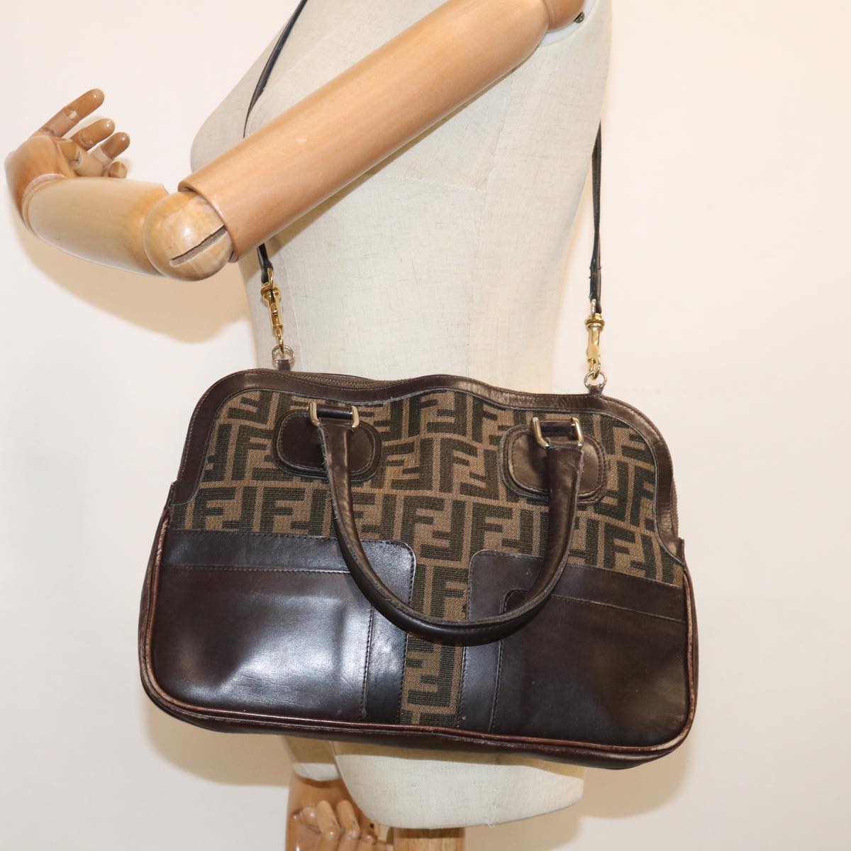 FENDI Zucca Canvas Hand Bag 2way Black Brown 62975