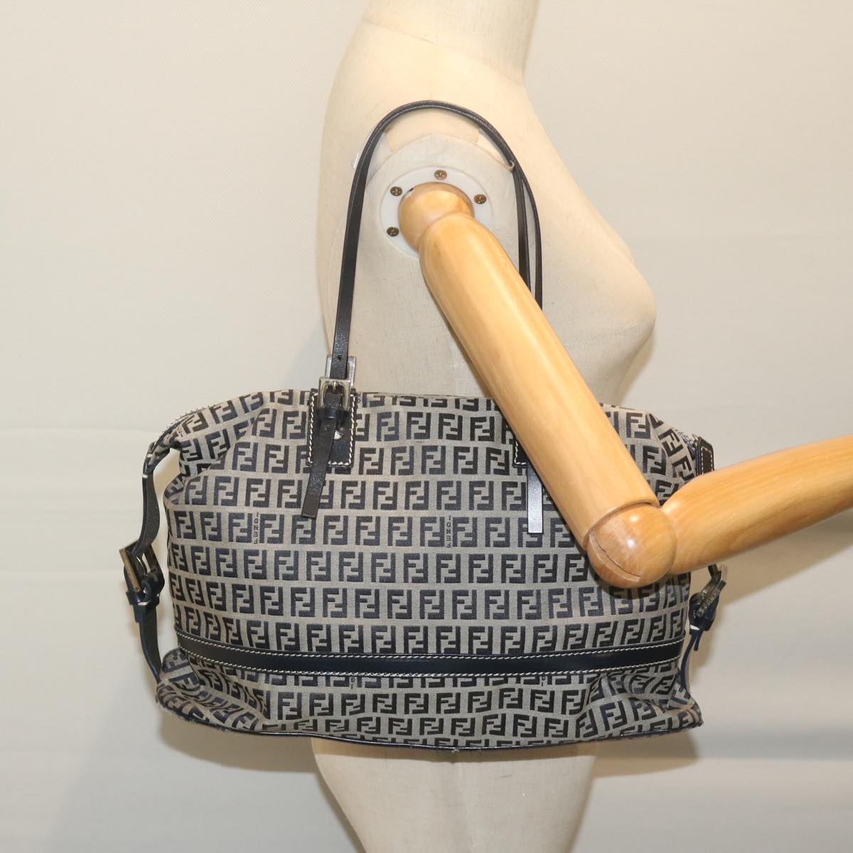 FENDI Zucchino Canvas Shoulder Bag Navy 63396