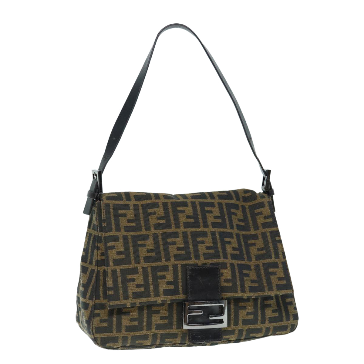 FENDI Zucca Canvas Mamma Baguette Shoulder Bag Black Brown 63693