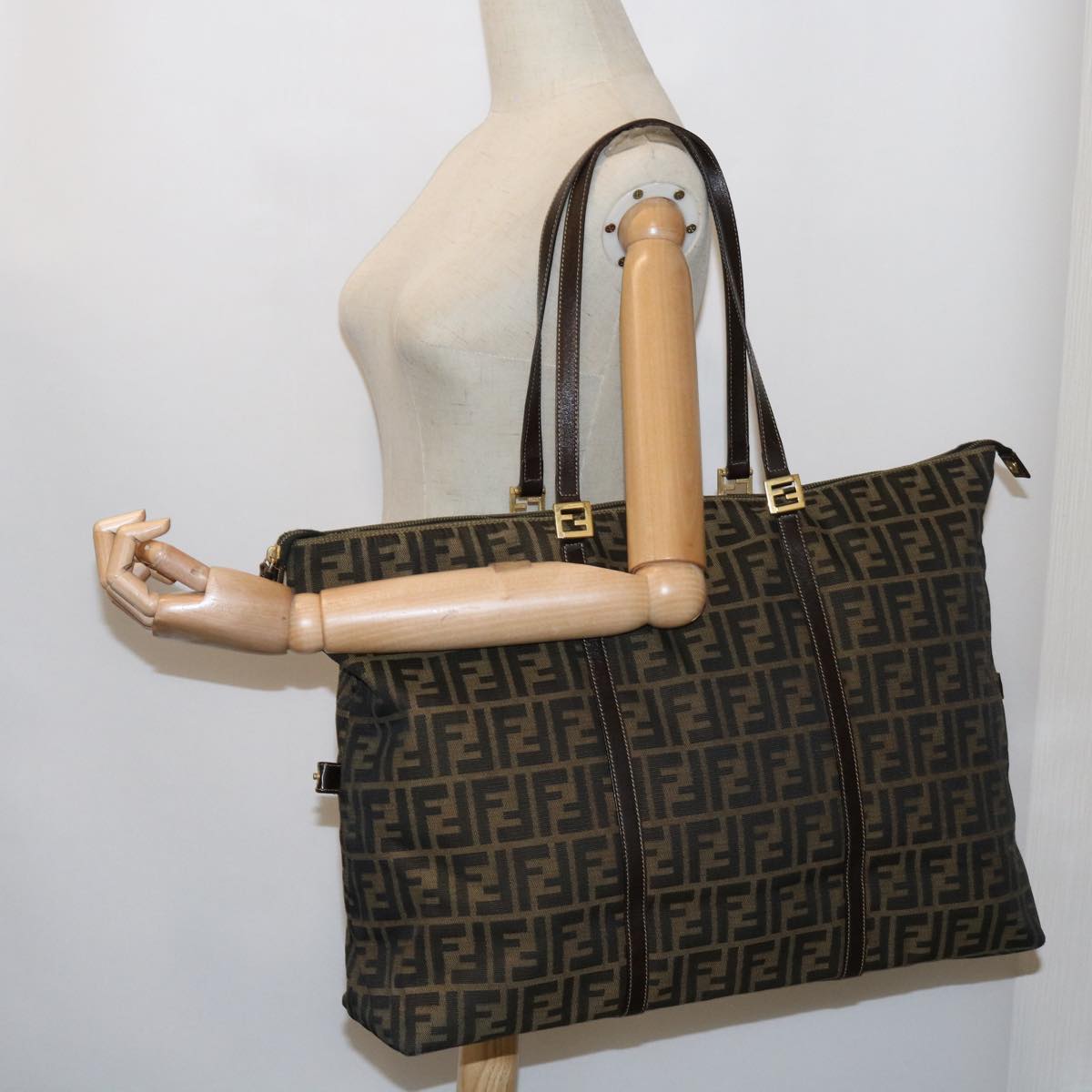 FENDI Zucca Canvas Shoulder Bag Black Brown 63819