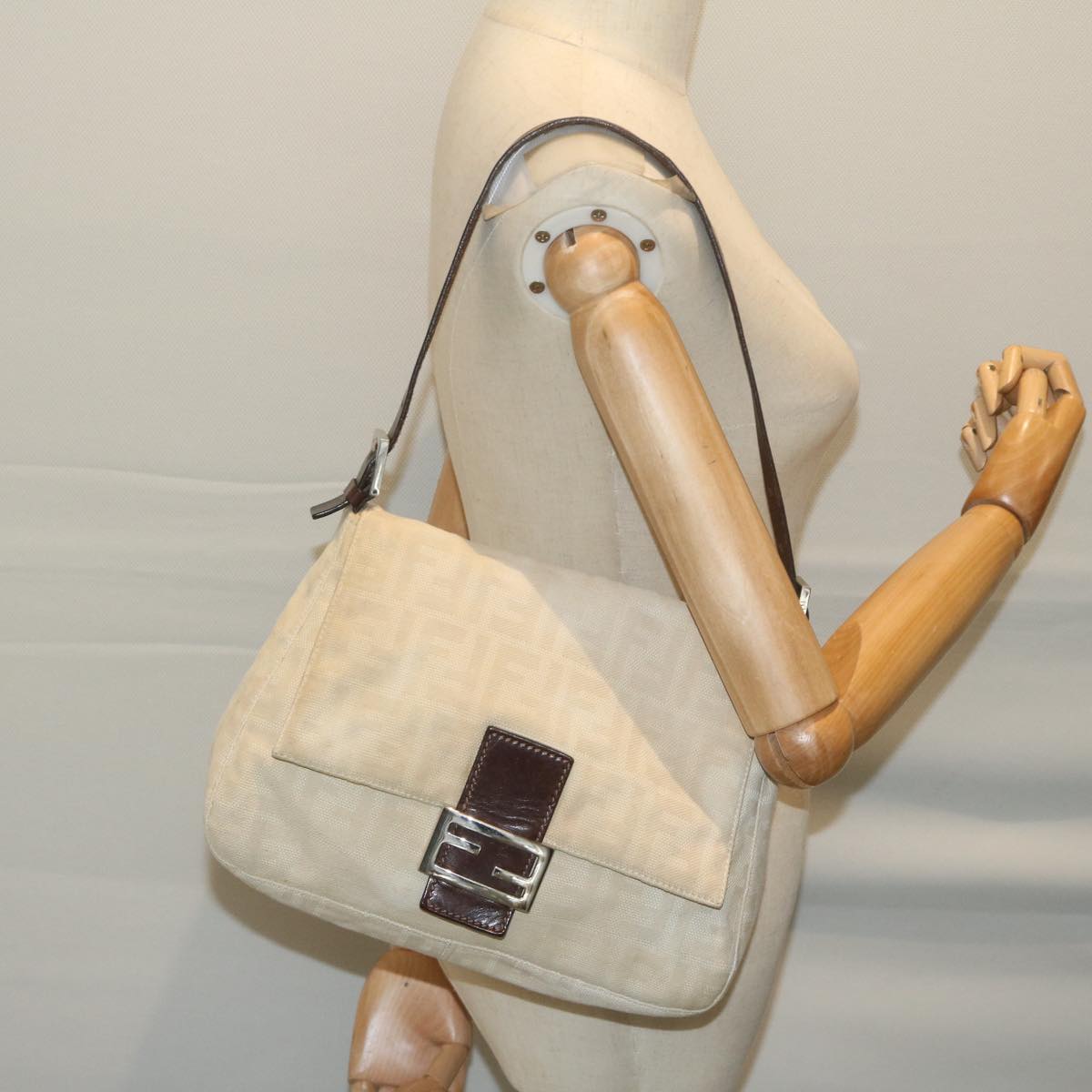FENDI Zucca Canvas Mamma Baguette Shoulder Bag Beige 64596