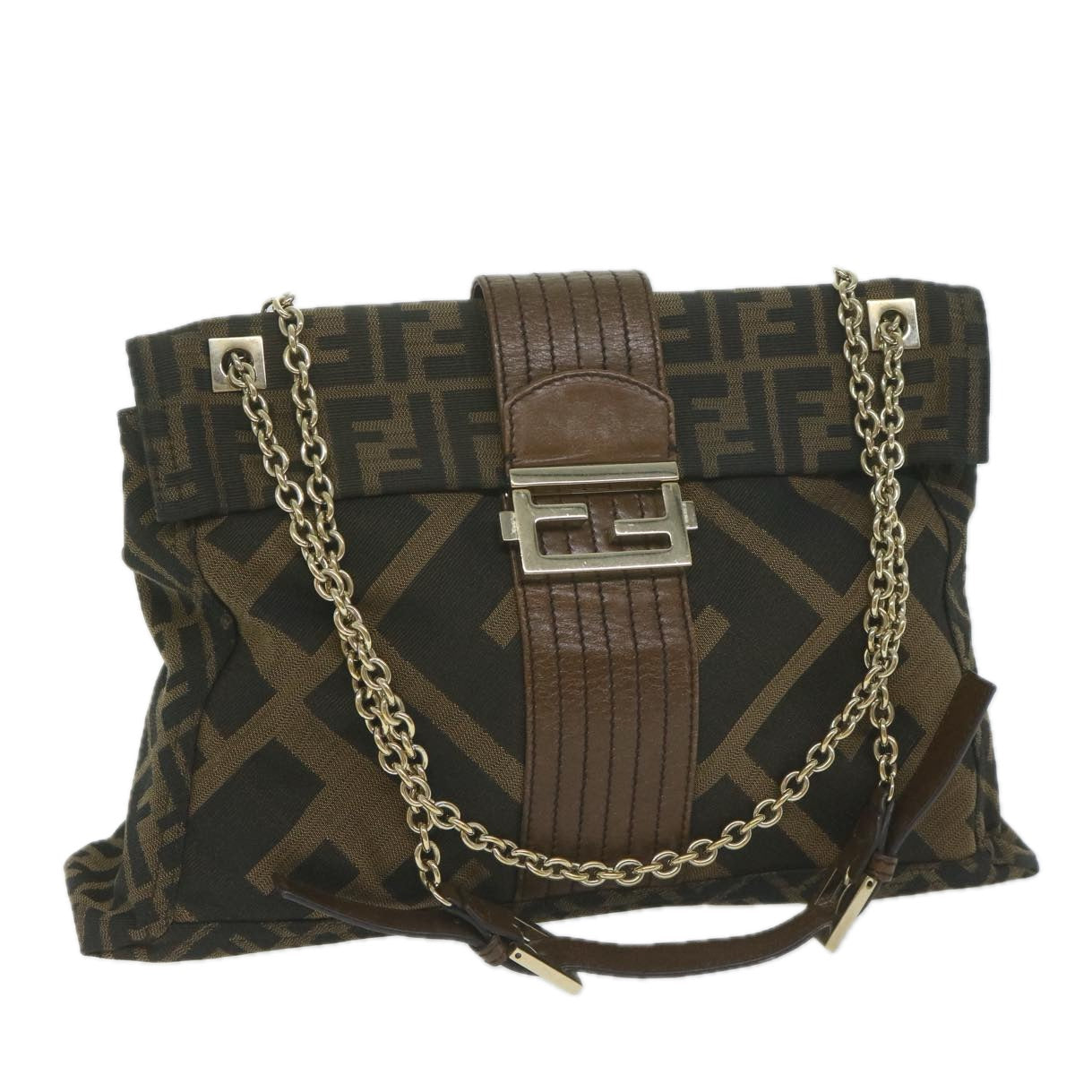 FENDI Zucca Canvas Chain Shoulder Bag Brown 64757A