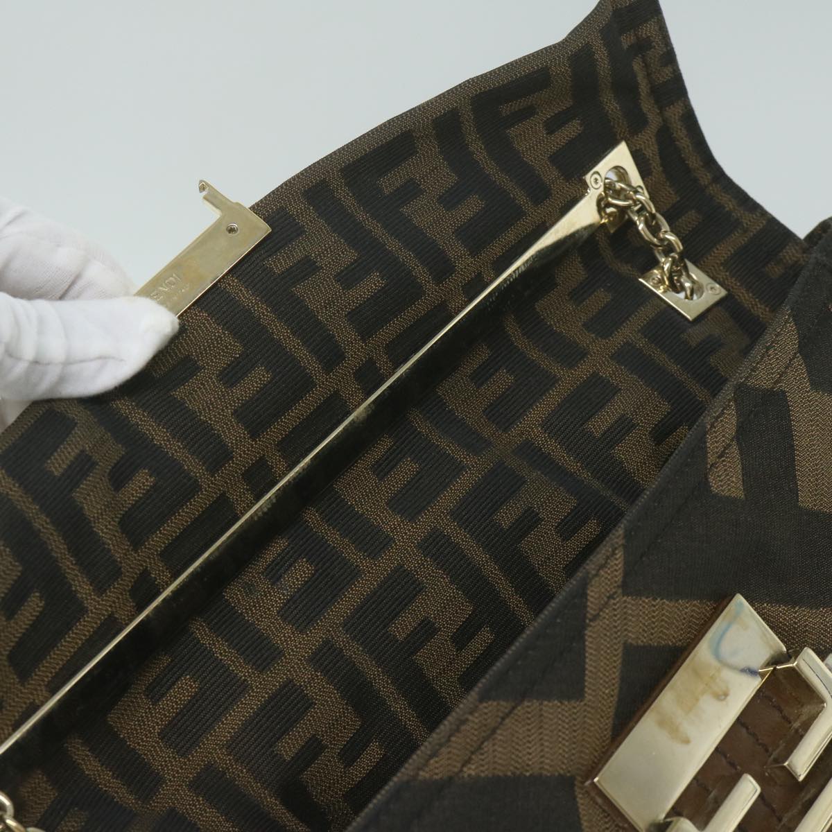 FENDI Zucca Canvas Chain Shoulder Bag Brown 64757A