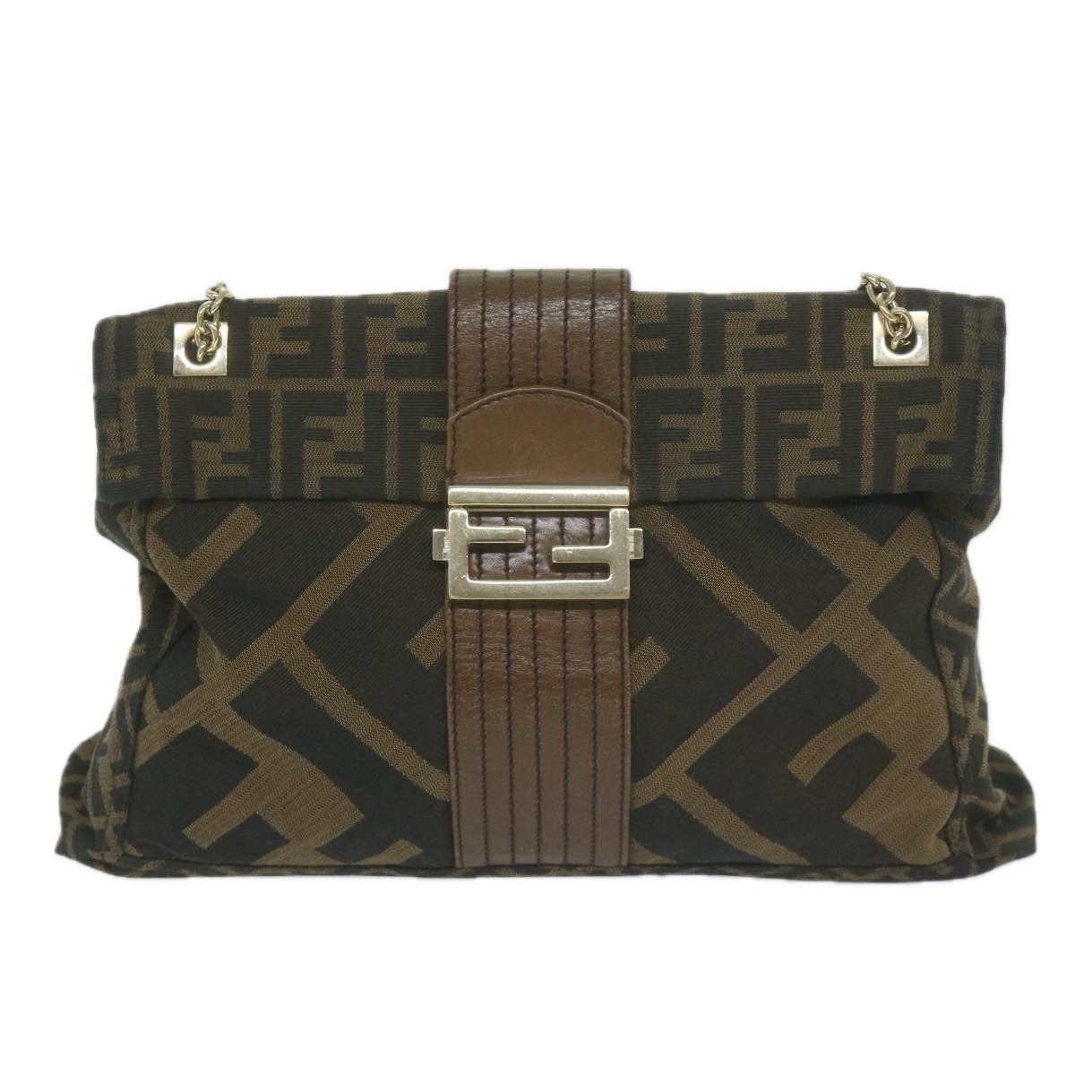 FENDI Zucca Canvas Chain Shoulder Bag Brown 64757A