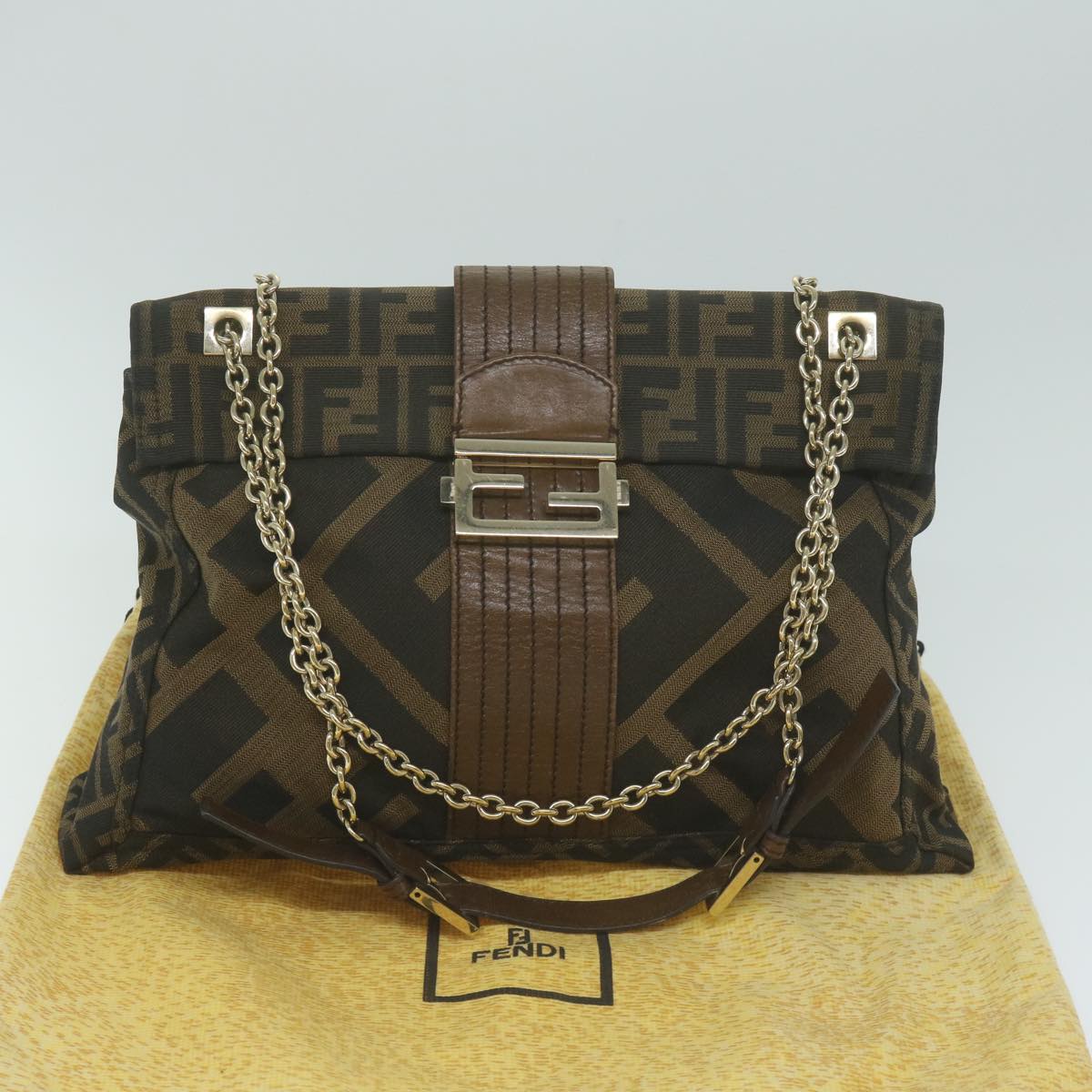FENDI Zucca Canvas Chain Shoulder Bag Brown 64757A
