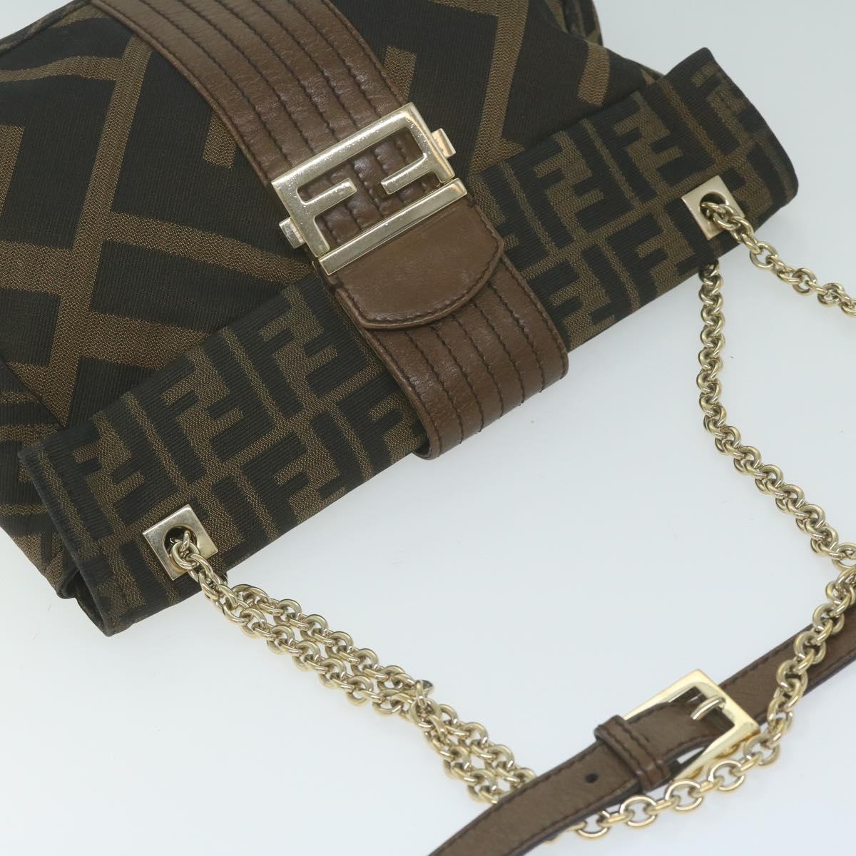 FENDI Zucca Canvas Chain Shoulder Bag Brown 64757A