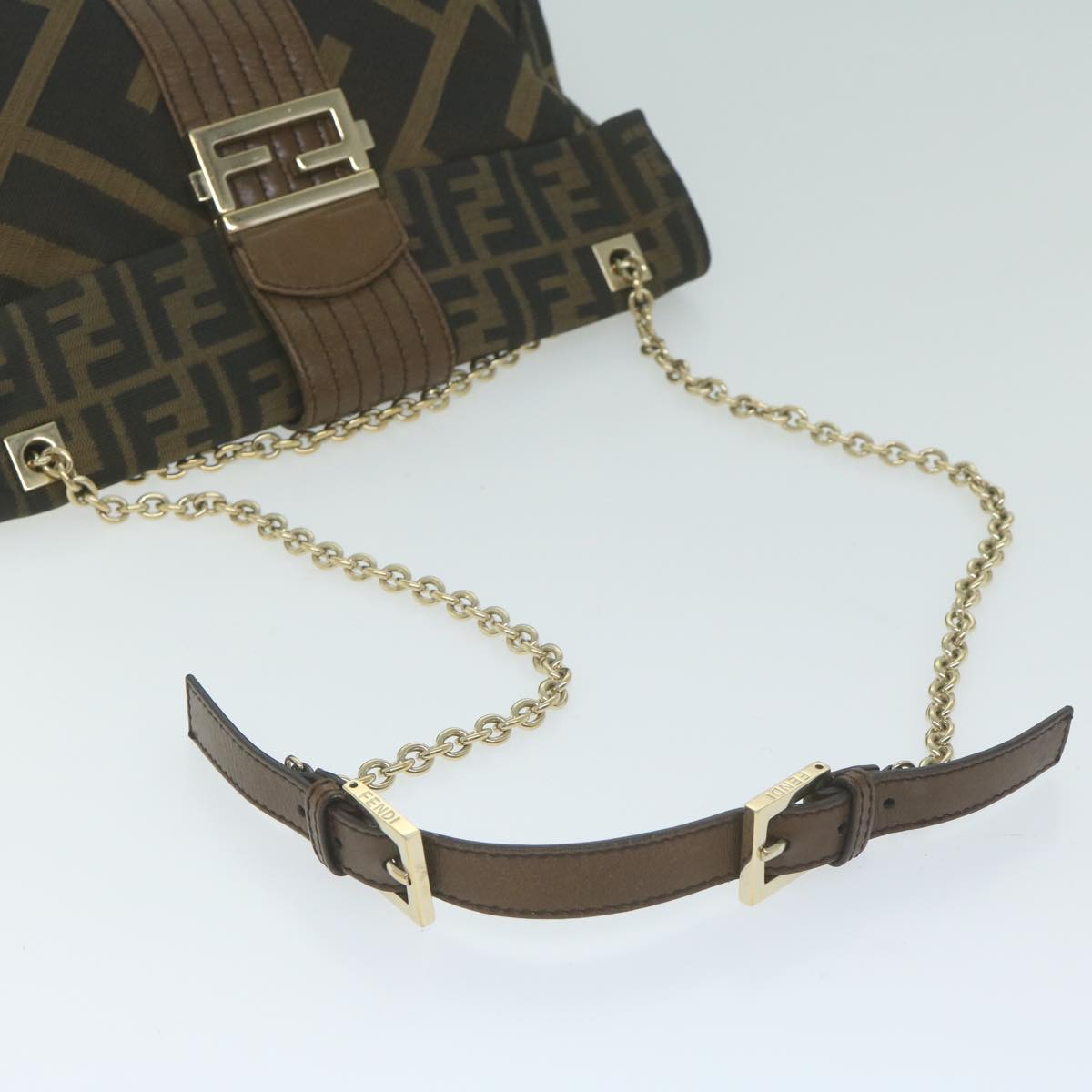 FENDI Zucca Canvas Chain Shoulder Bag Brown 64757A