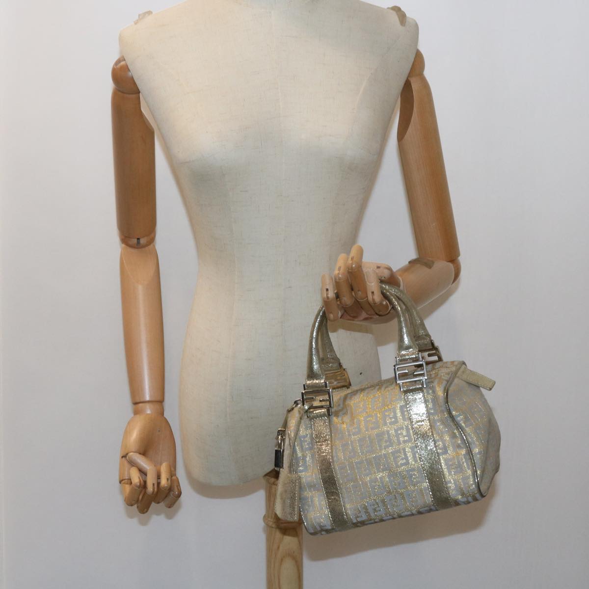 FENDI Zucchino Canvas Hand Bag Gold Silver 64797