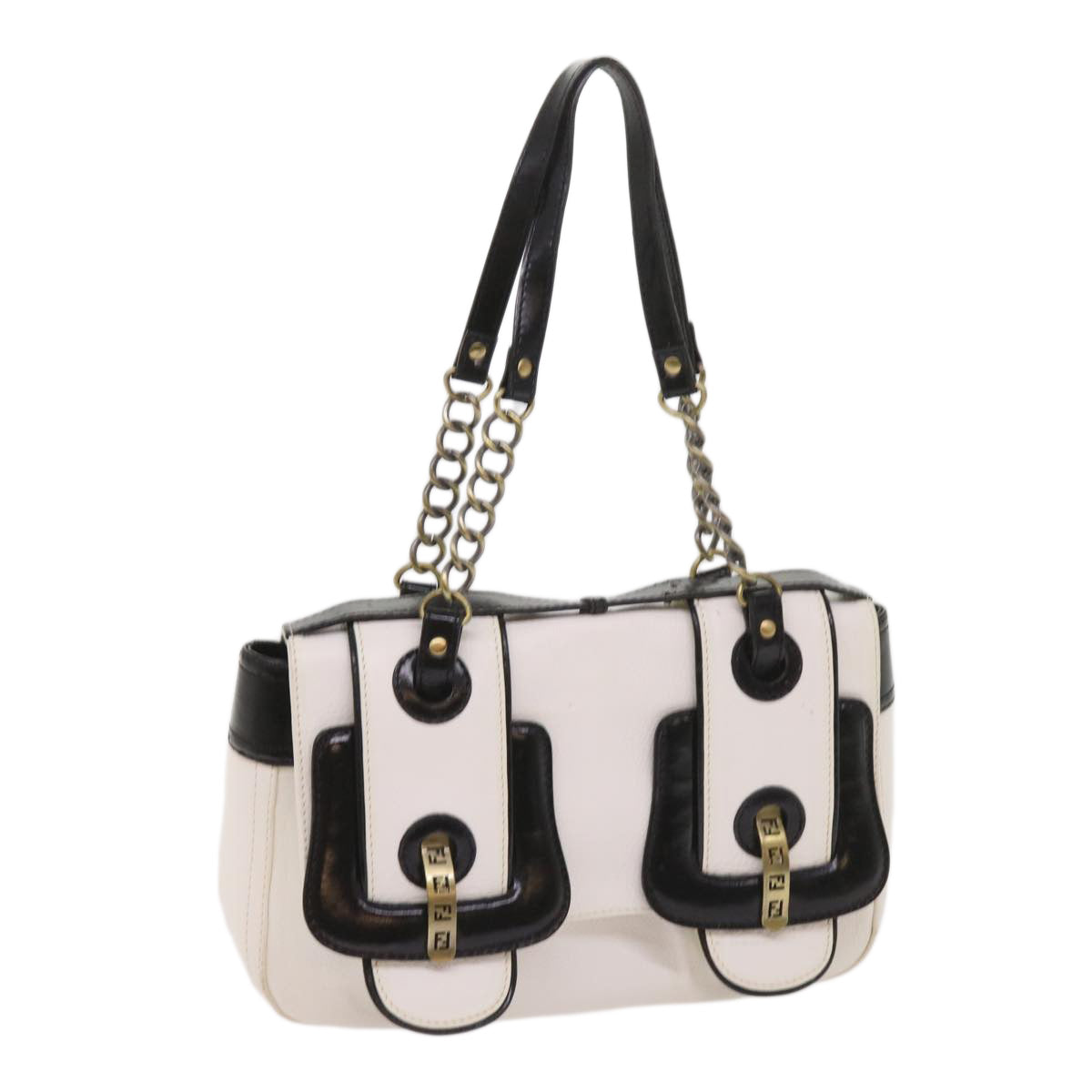 FENDI Hand Bag Leather Black White 65124