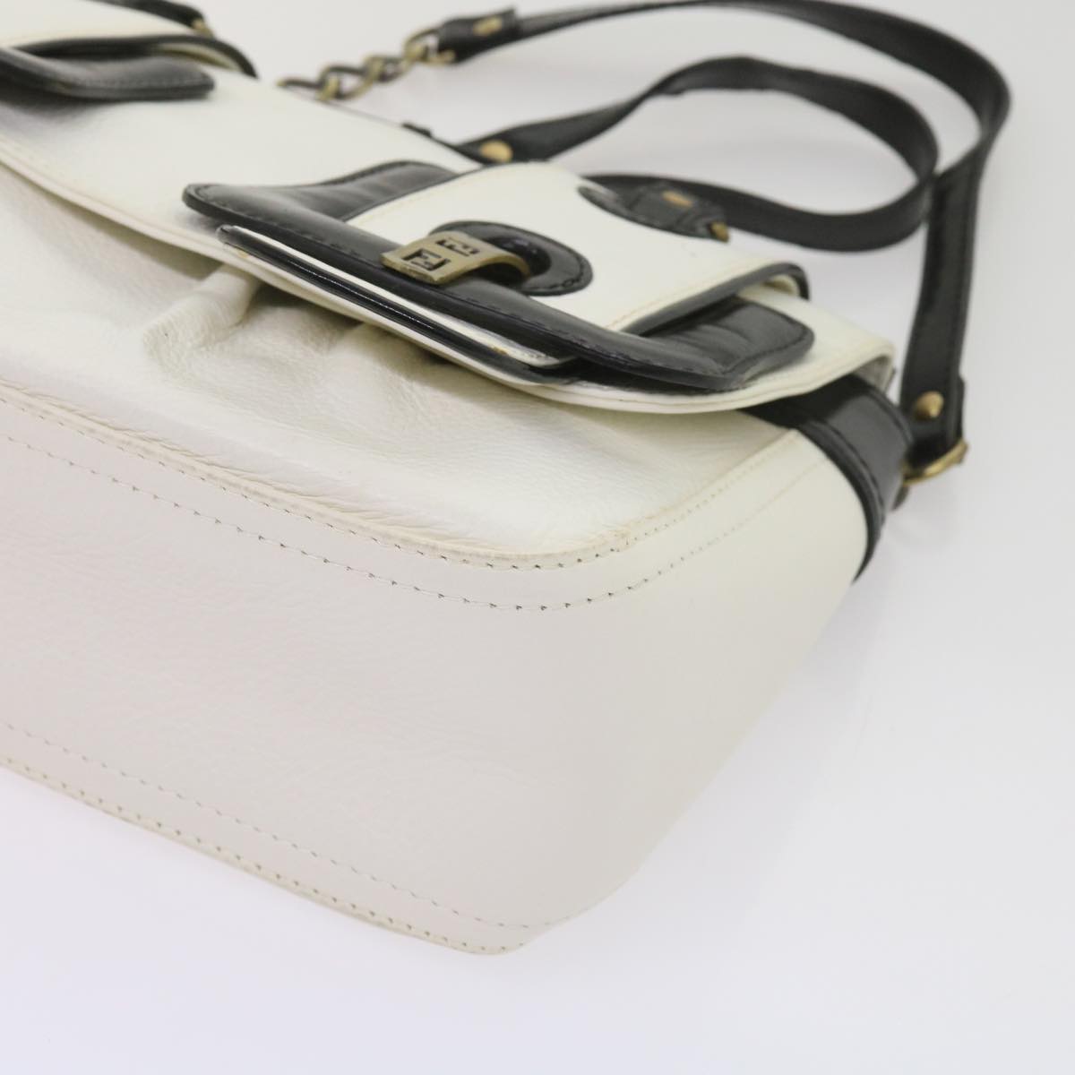 FENDI Hand Bag Leather Black White 65124