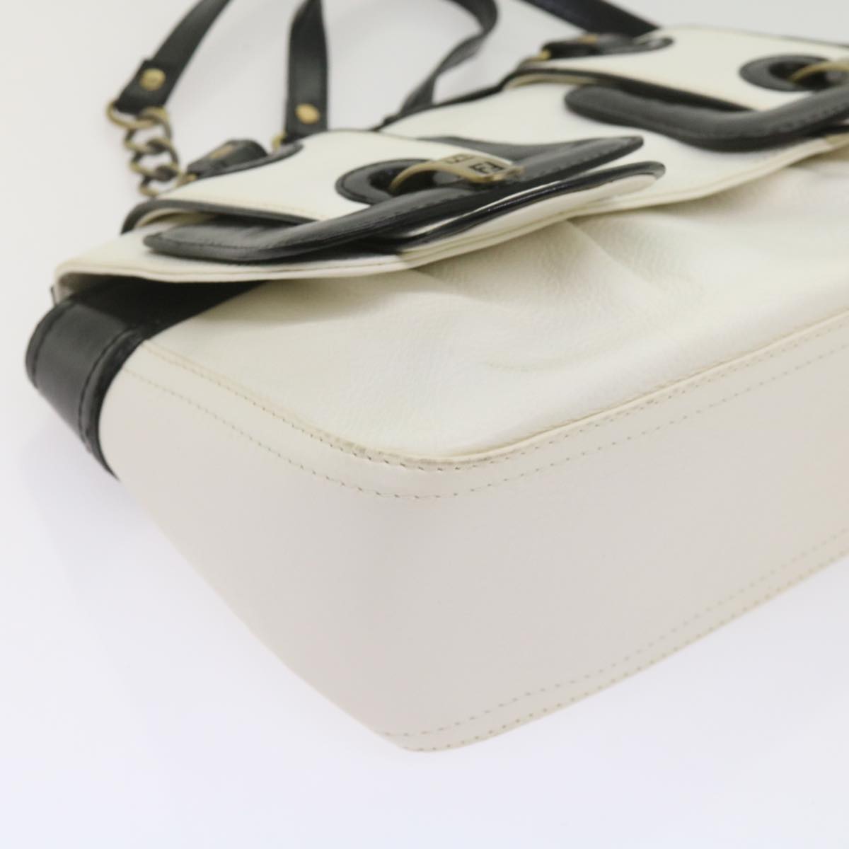 FENDI Hand Bag Leather Black White 65124
