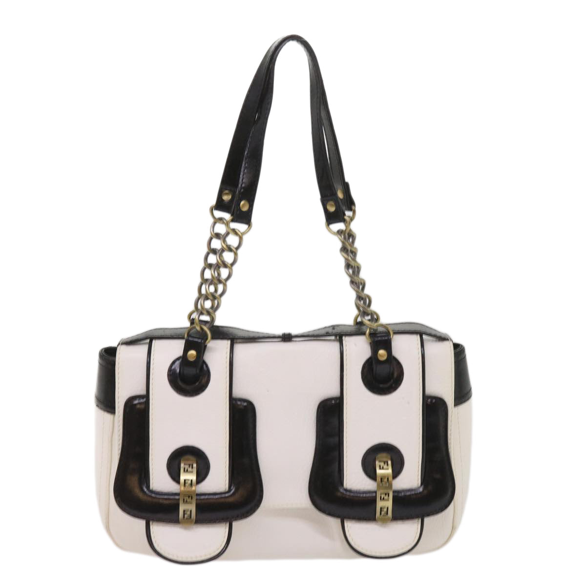 FENDI Hand Bag Leather Black White 65124
