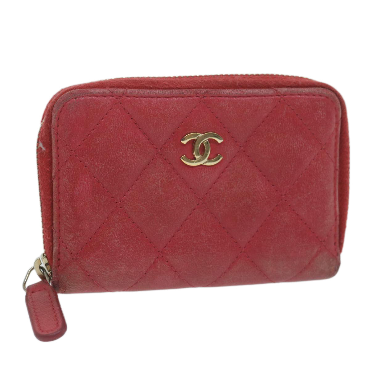 CHANEL Matelasse Coin Purse Lamb Skin Red CC 65239