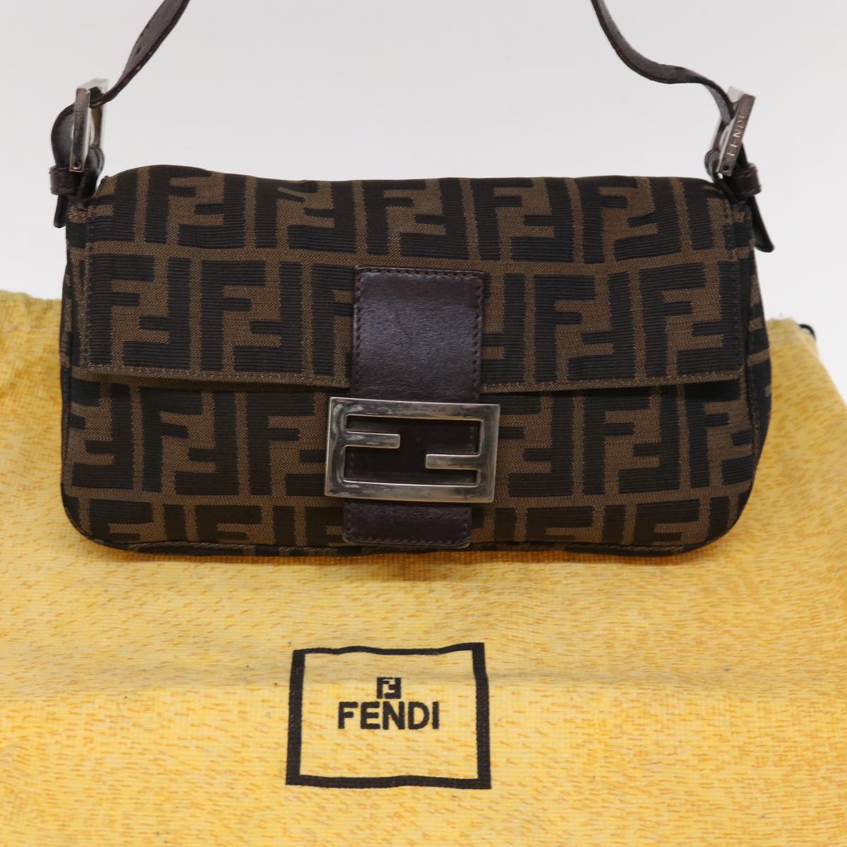 FENDI Zucca Canvas Mamma Baguette Shoulder Bag Brown Black 65243A