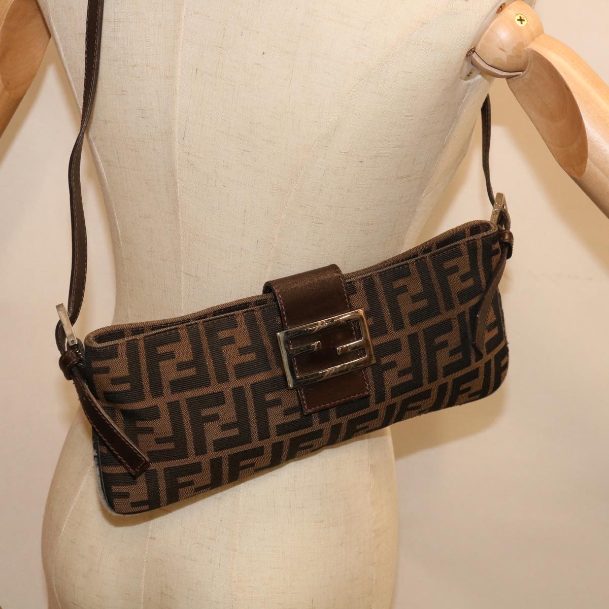 FENDI Zucca Canvas Mamma Baguette Shoulder Bag Brown Black 65651