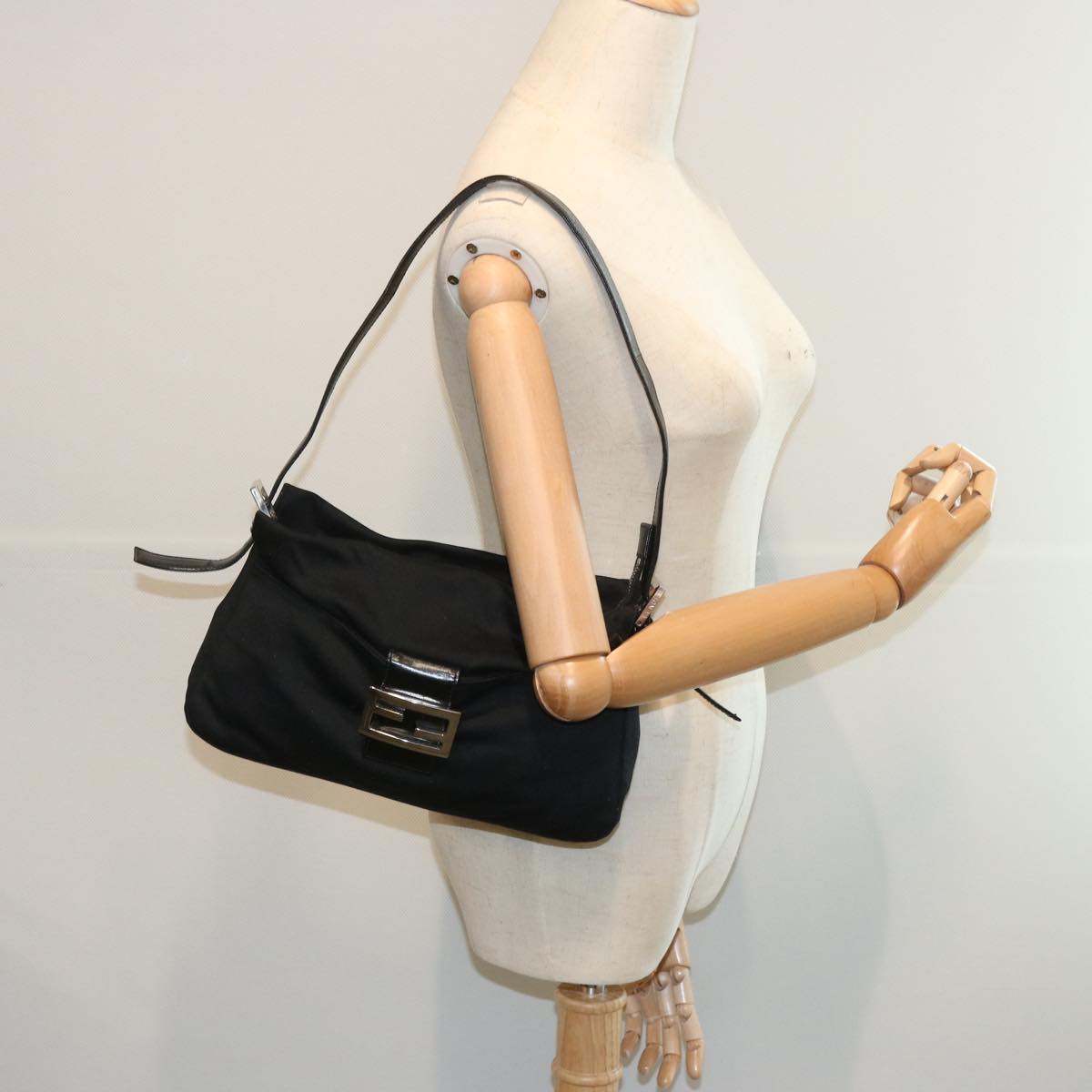 FENDI Mamma Baguette Shoulder Bag Nylon Black 65743