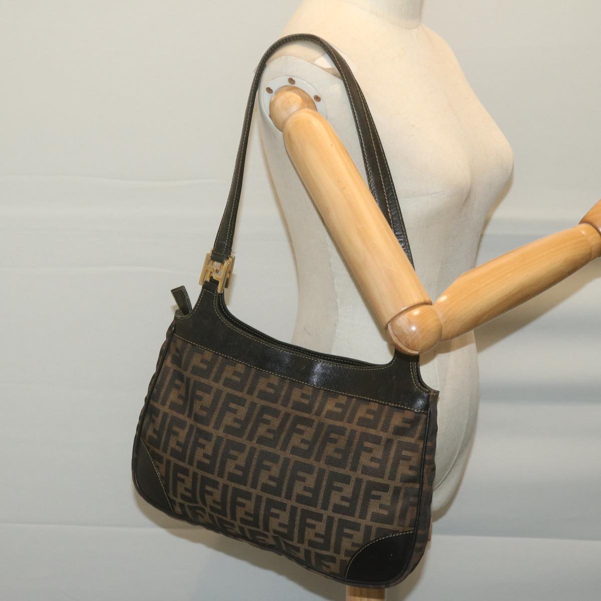 FENDI Zucca Canvas Shoulder Bag Brown Black 65752