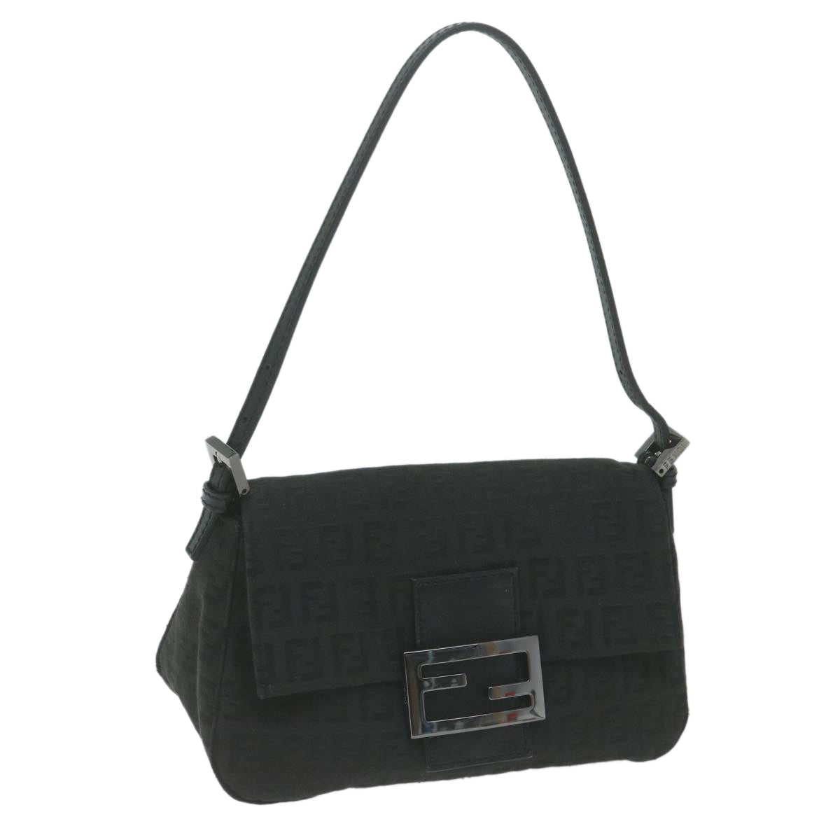 FENDI Zucchino Canvas Mamma Baguette Shoulder Bag Black 65904