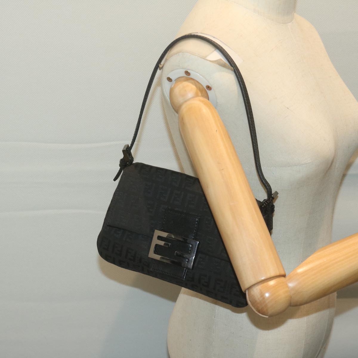 FENDI Zucchino Canvas Mamma Baguette Shoulder Bag Black 65904