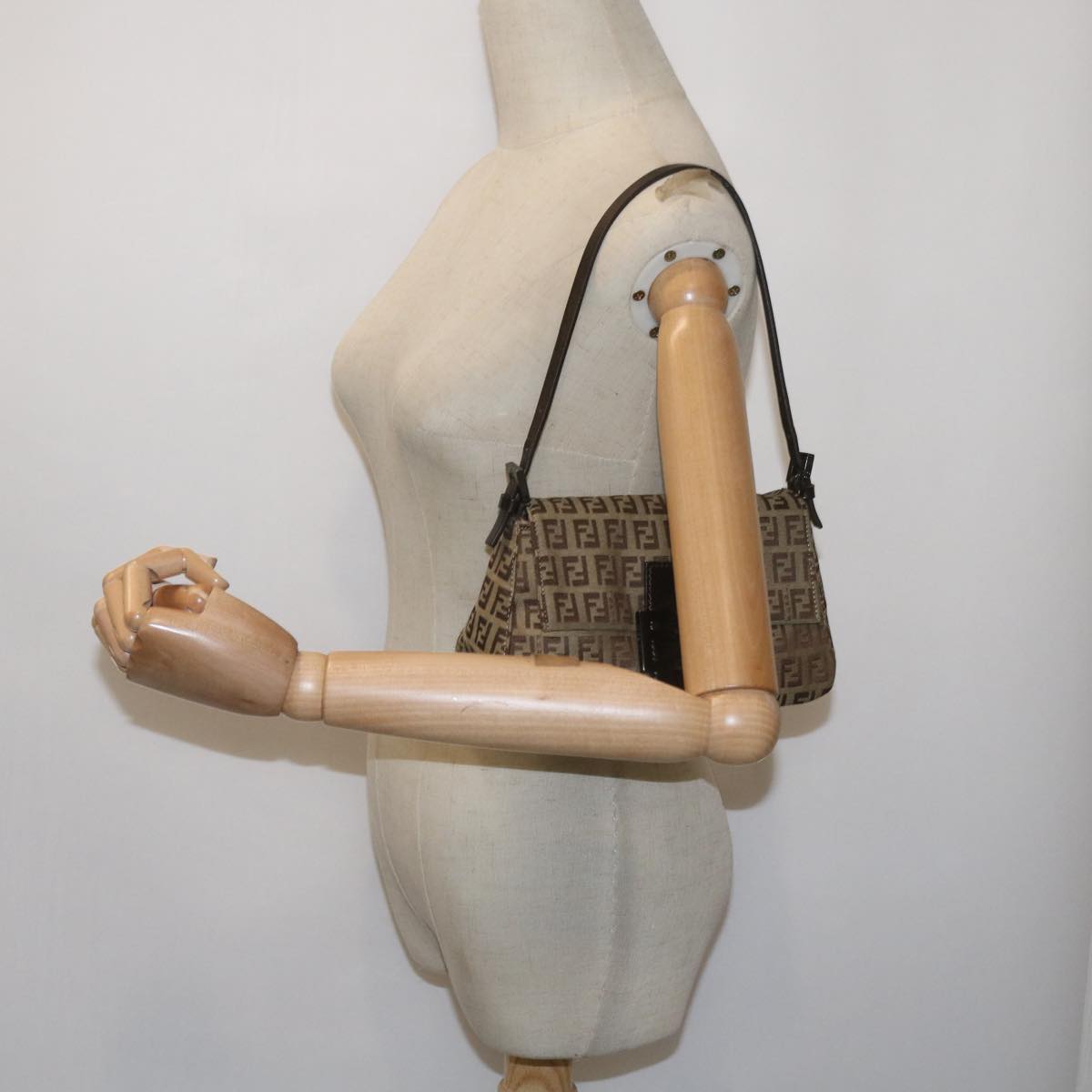 FENDI Zucchino Canvas Mamma Baguette Shoulder Bag Beige