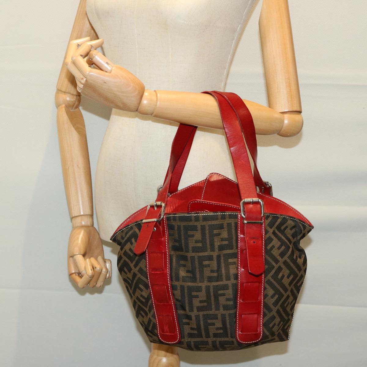 FENDI Zucca Canvas Hand Bag Brown Red 66308