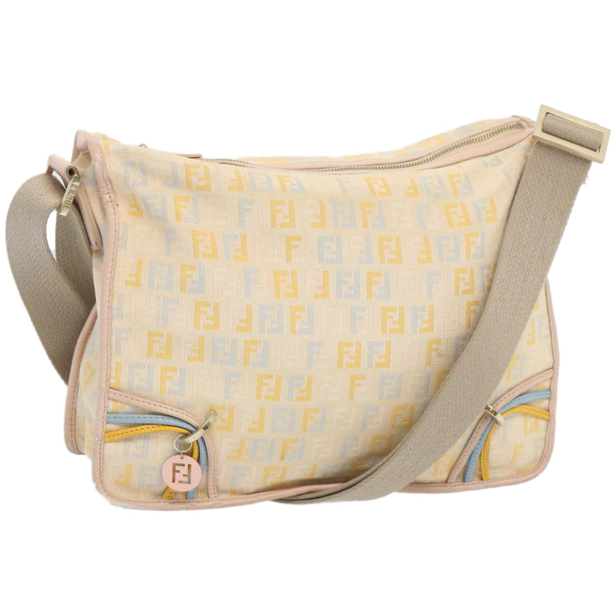 FENDI Zucchino Canvas Shoulder Bag Beige Light Blue yellow 66310