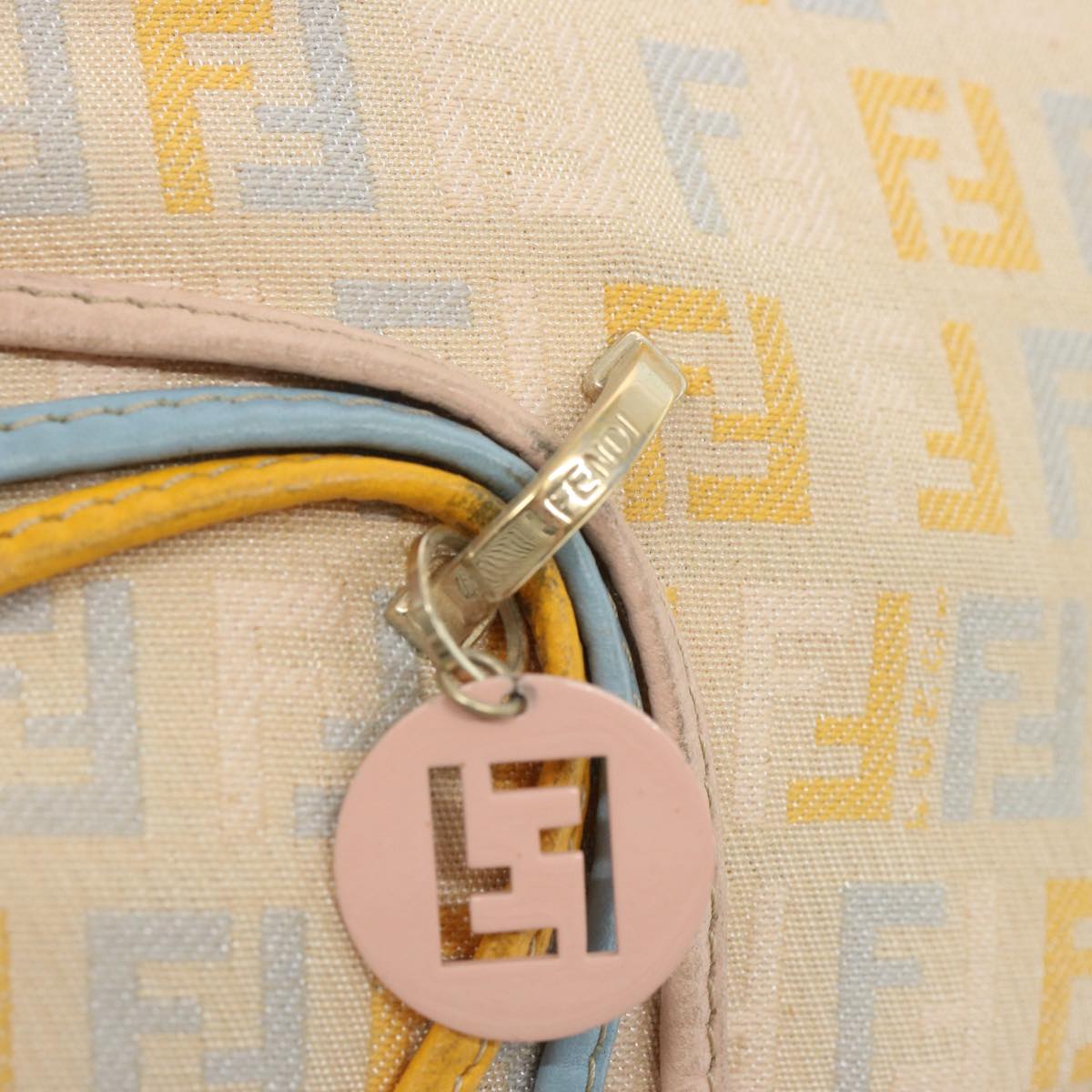 FENDI Zucchino Canvas Shoulder Bag Beige Light Blue yellow 66310