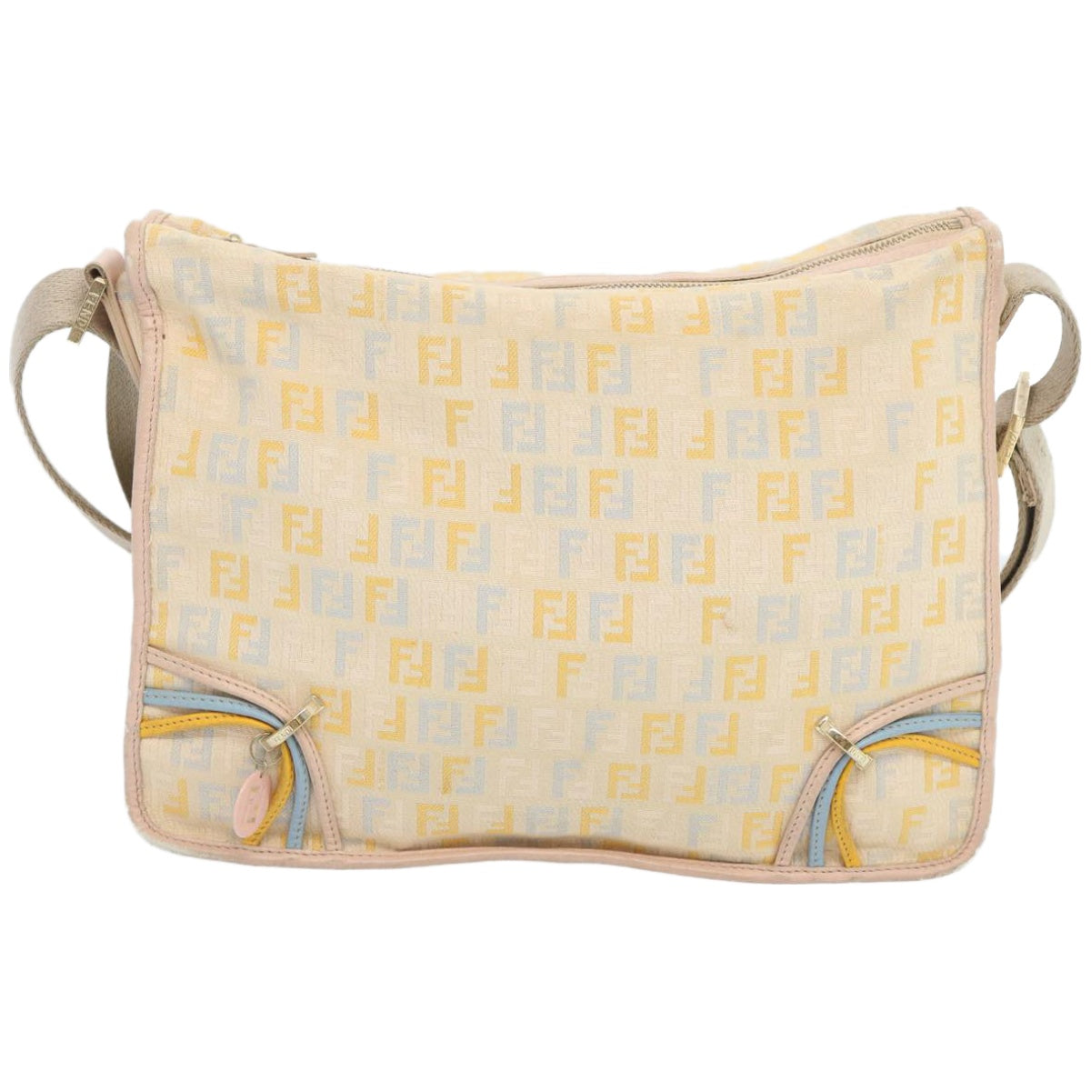 FENDI Zucchino Canvas Shoulder Bag Beige Light Blue yellow 66310