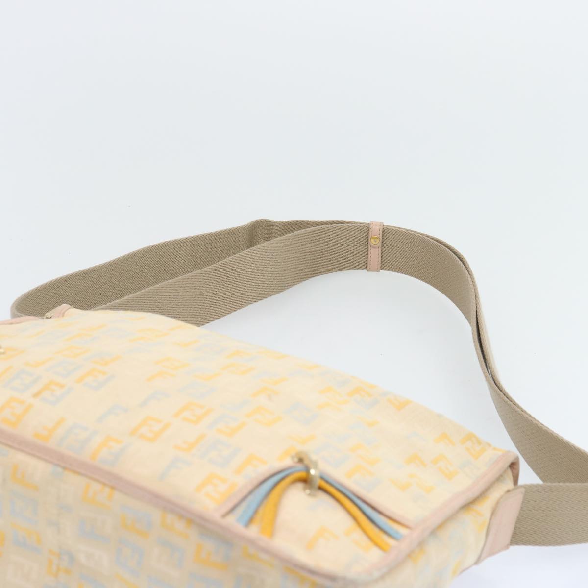 FENDI Zucchino Canvas Shoulder Bag Beige Light Blue yellow 66310