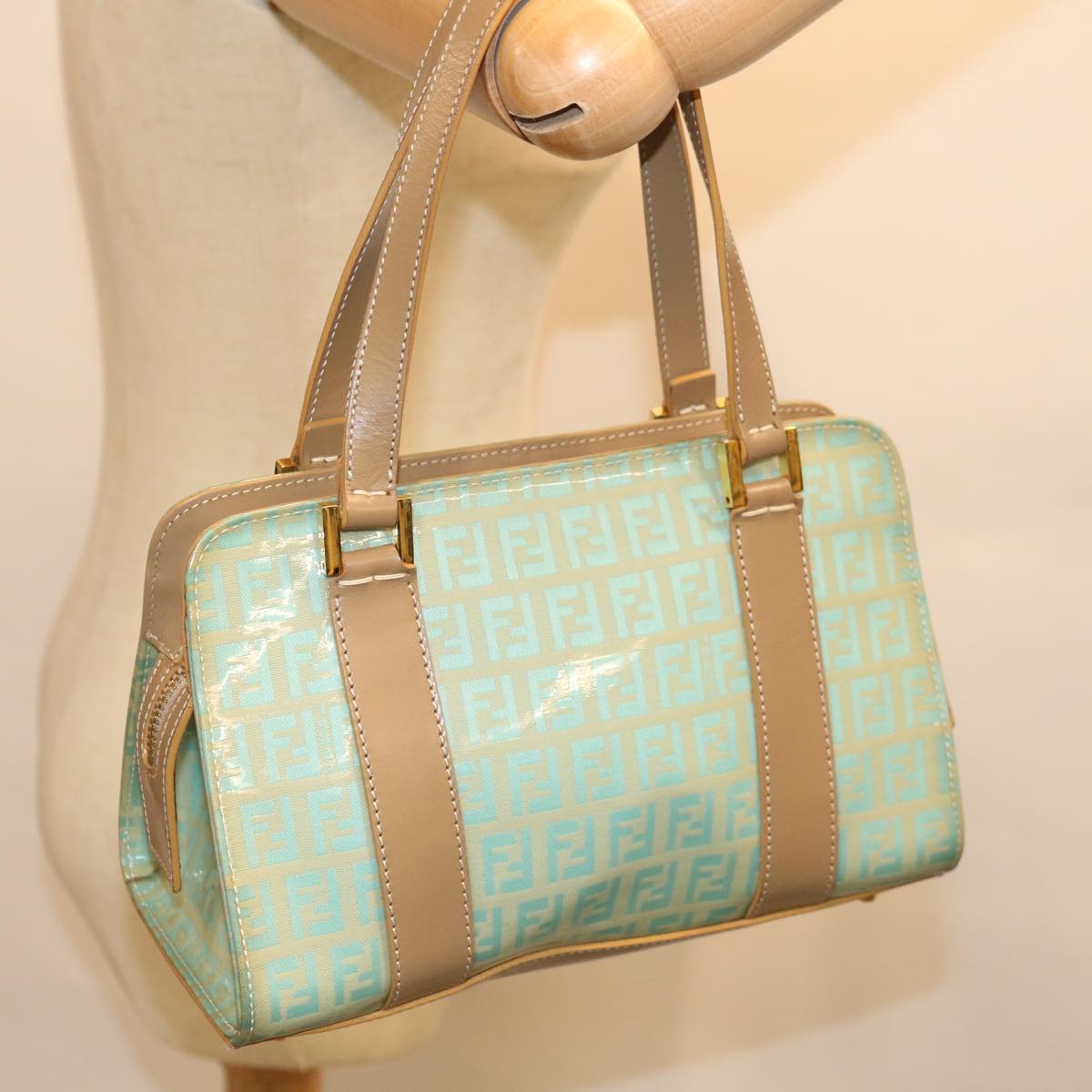 FENDI Zucchino Canvas Hand Bag Enamel Light Blue 67120