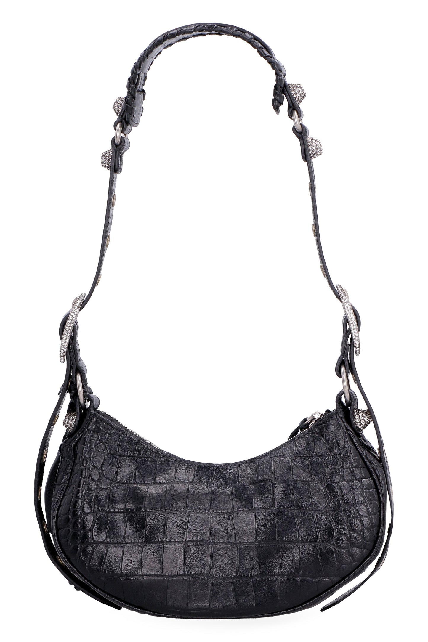 LE CAGOLE XS BLACK CROCODILE-EFFECT MINI BAG WITH RHINESTONES