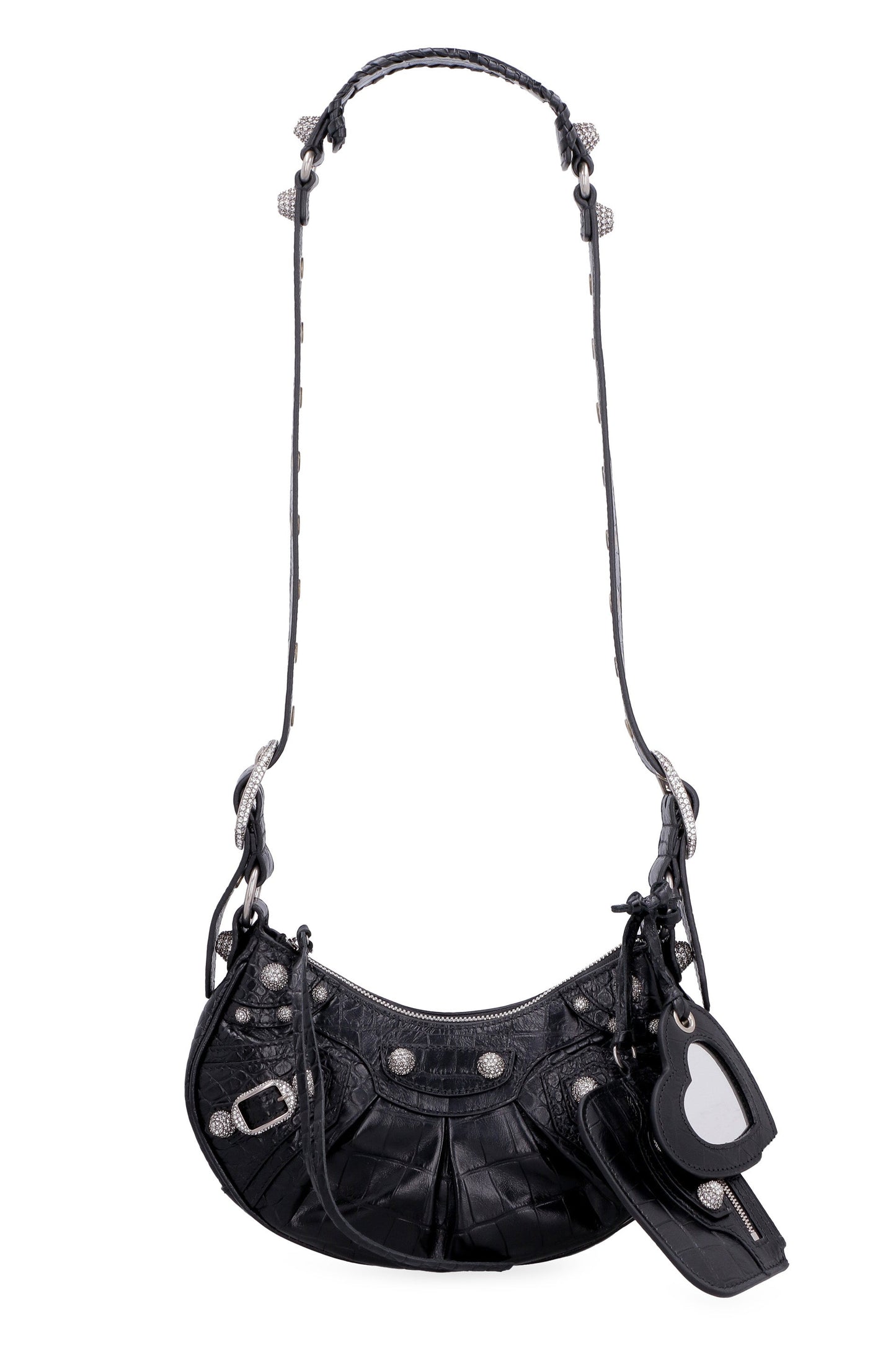 LE CAGOLE XS BLACK CROCODILE-EFFECT MINI BAG WITH RHINESTONES
