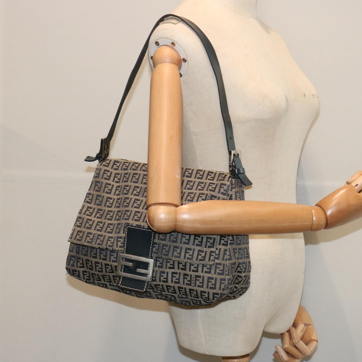 FENDI Zucchino Canvas Mamma Baguette Shoulder Bag Navy 67267