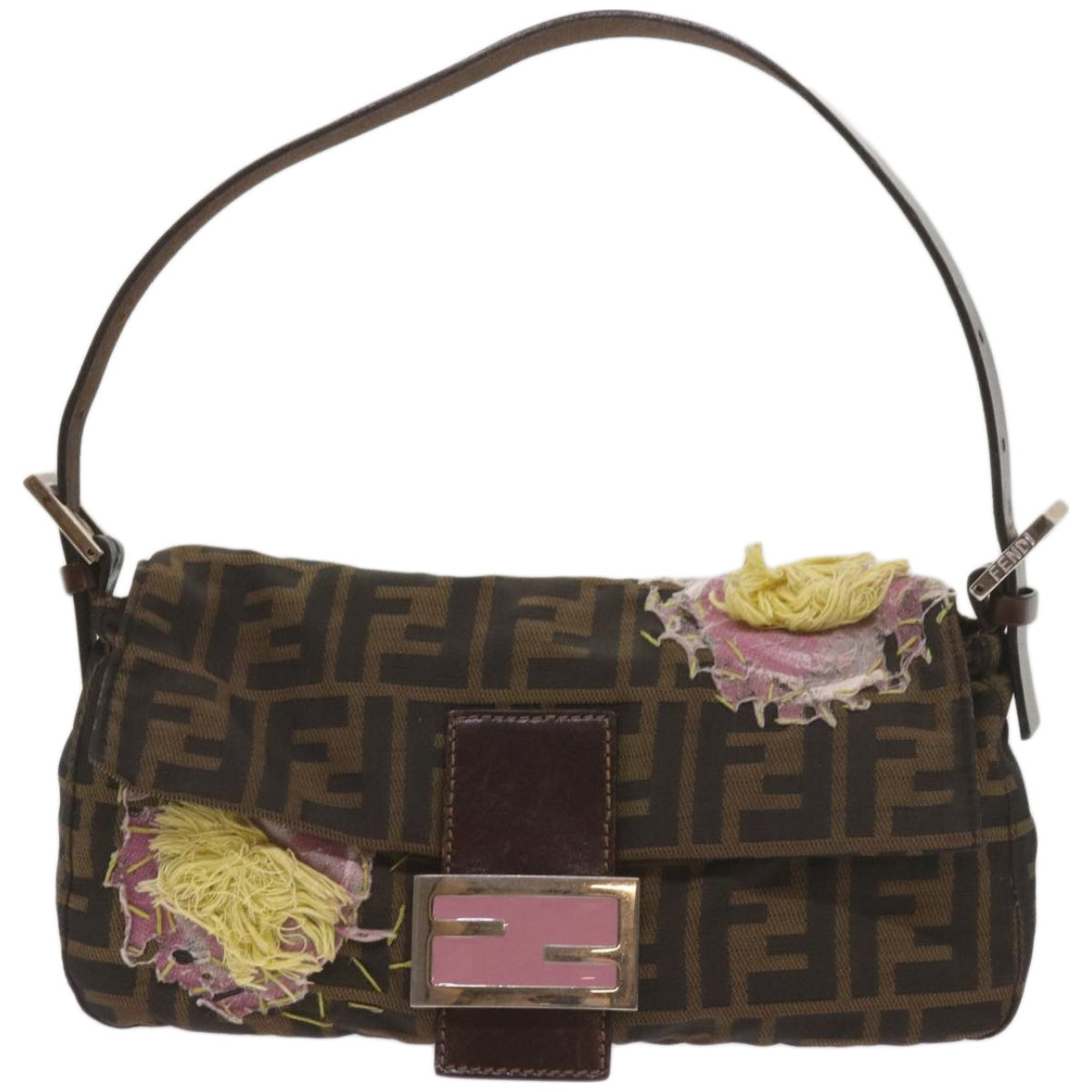 FENDI Zucchino Canvas Mamma Baguette Shoulder Bag Brown Black 67285