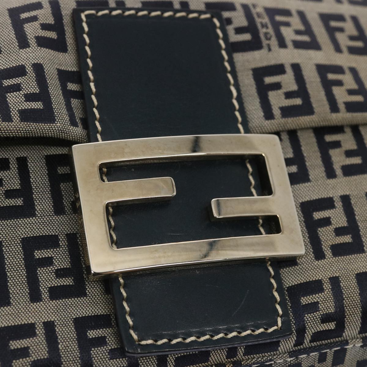 FENDI Zucchino Canvas Mamma Baguette Shoulder Bag Navy 67319