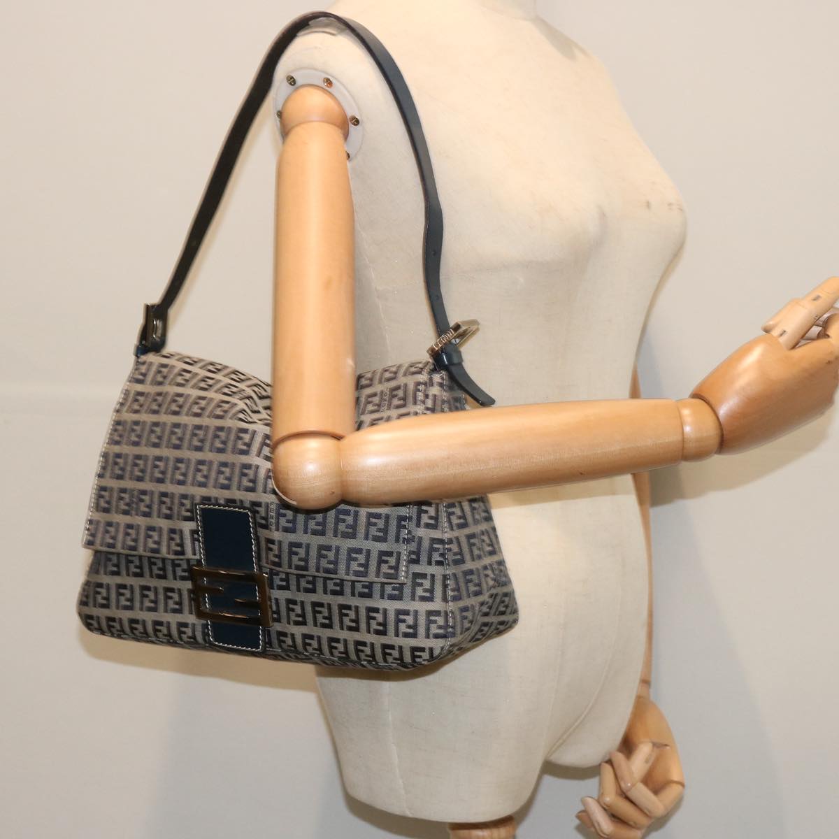 FENDI Zucchino Canvas Mamma Baguette Shoulder Bag Navy 67319