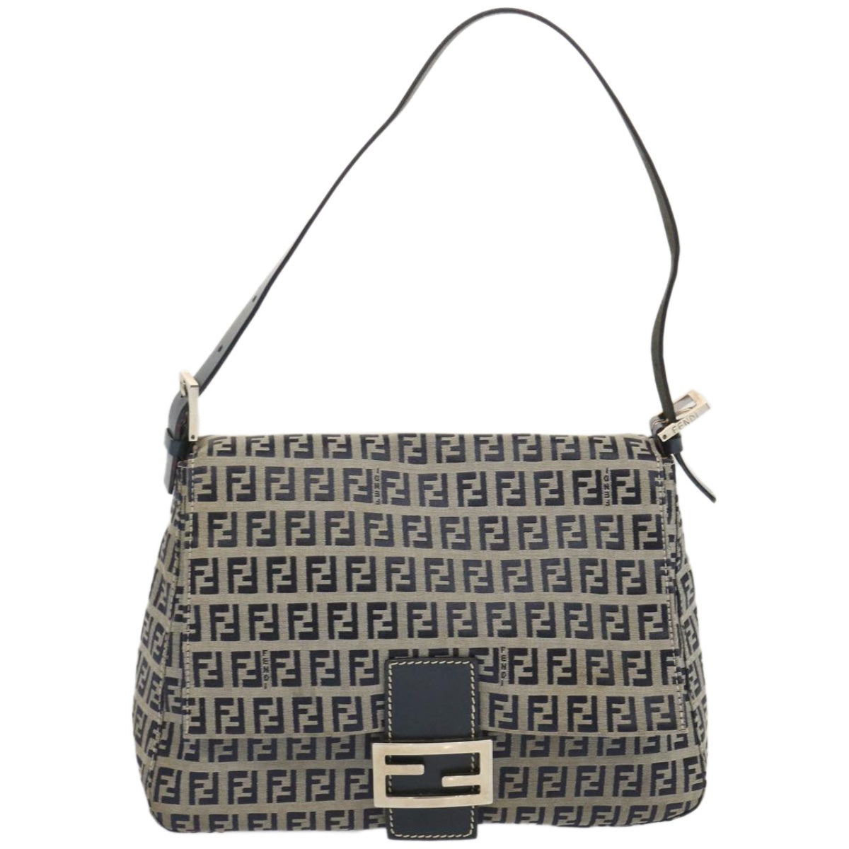 FENDI Zucchino Canvas Mamma Baguette Shoulder Bag Navy 67319