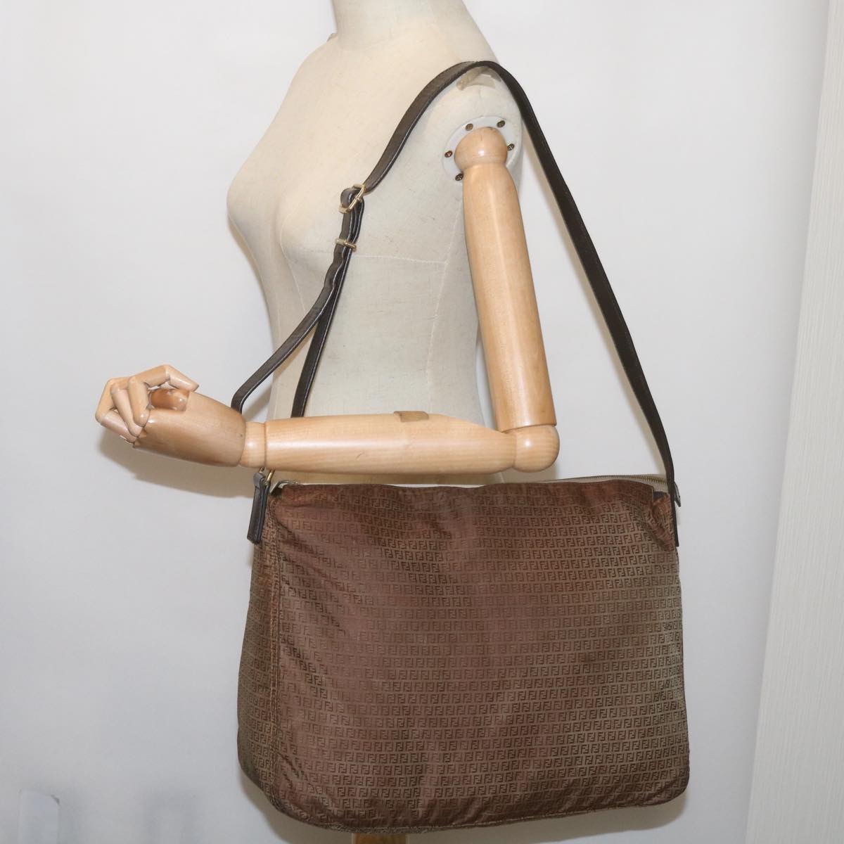 FENDI Zucchino Canvas Shoulder Bag Brown 67343