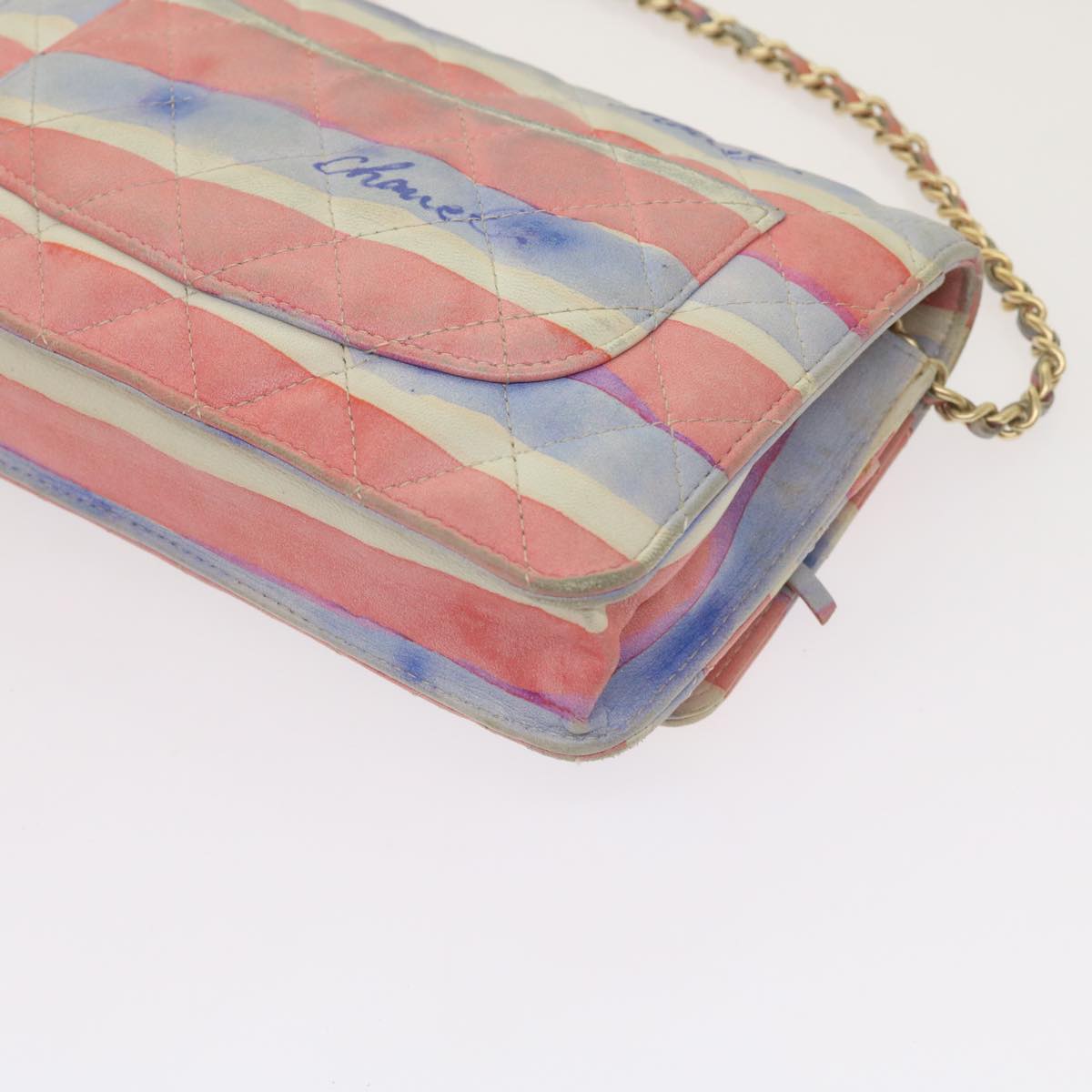 CHANEL Chain Shoulder Bag Leather Blue Red CC 67372A