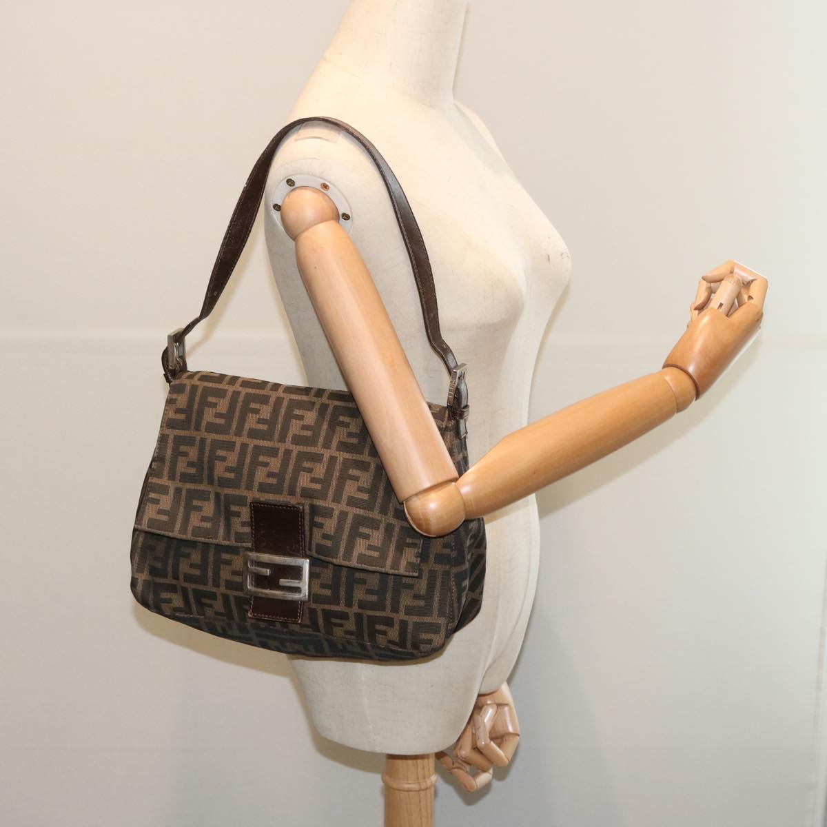 FENDI Zucca Canvas Mamma Baguette Shoulder Bag Black Brown 67991