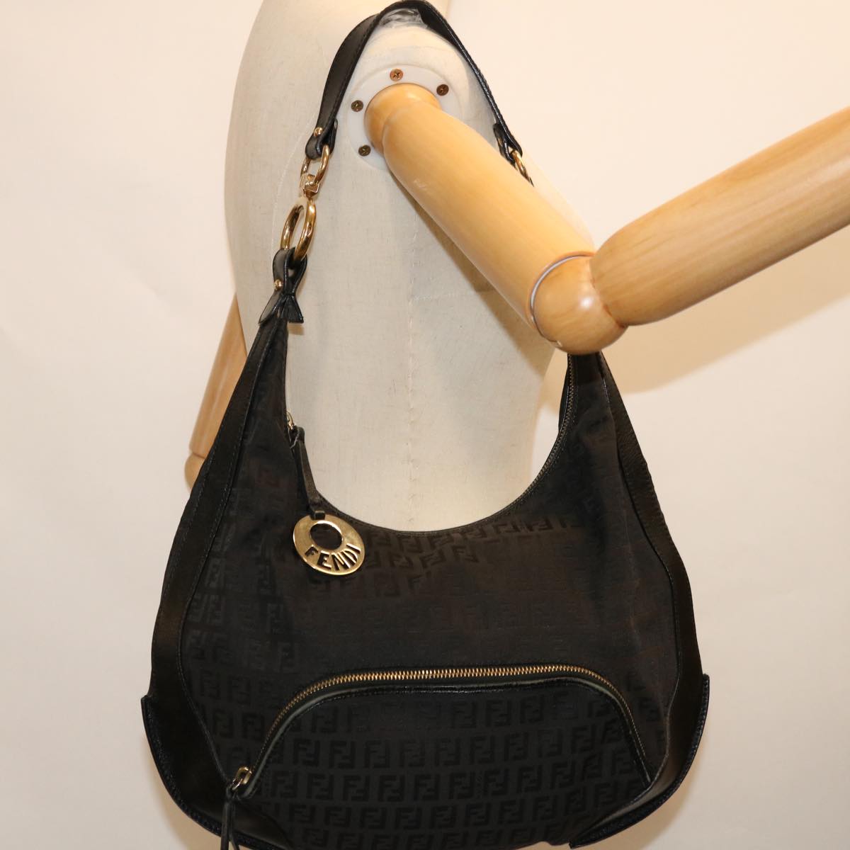 FENDI Zucchino Canvas Shoulder Bag Black