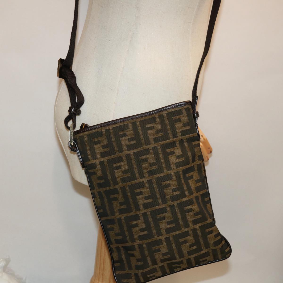 FENDI Zucca Canvas Shoulder Bag Black Brown 67995
