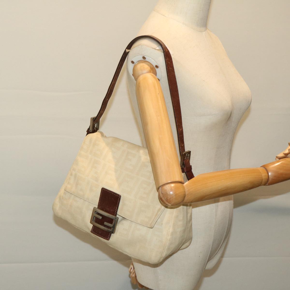 FENDI Zucca Canvas Mamma Baguette Shoulder Bag Beige 68065