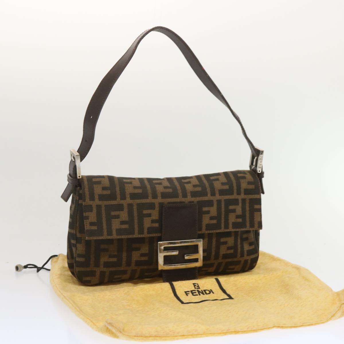FENDI Zucca Canvas Mamma Baguette Shoulder Bag Black Brown