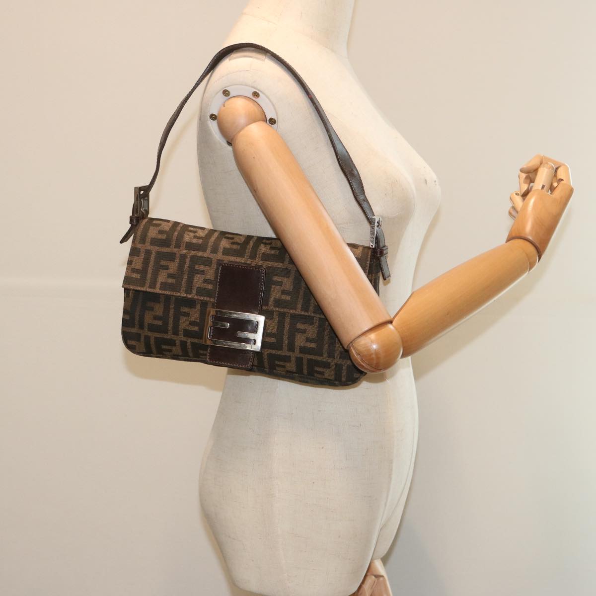 FENDI Zucca Canvas Mamma Baguette Shoulder Bag Black Brown