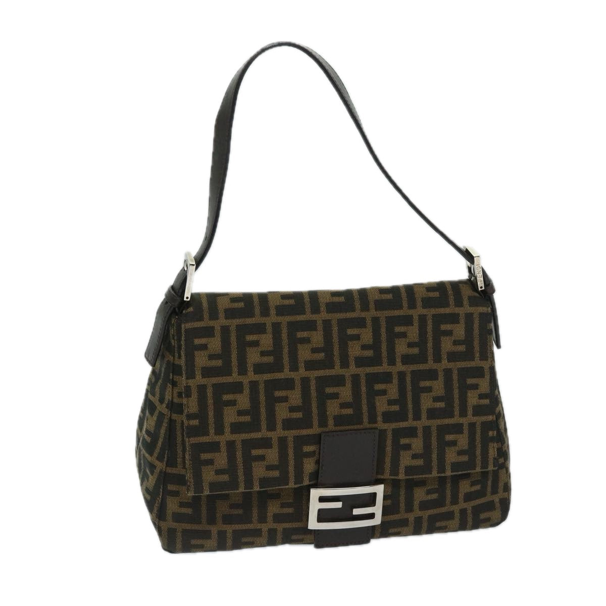 FENDI Zucca Canvas Mamma Baguette Shoulder Bag Black Brown 68576A