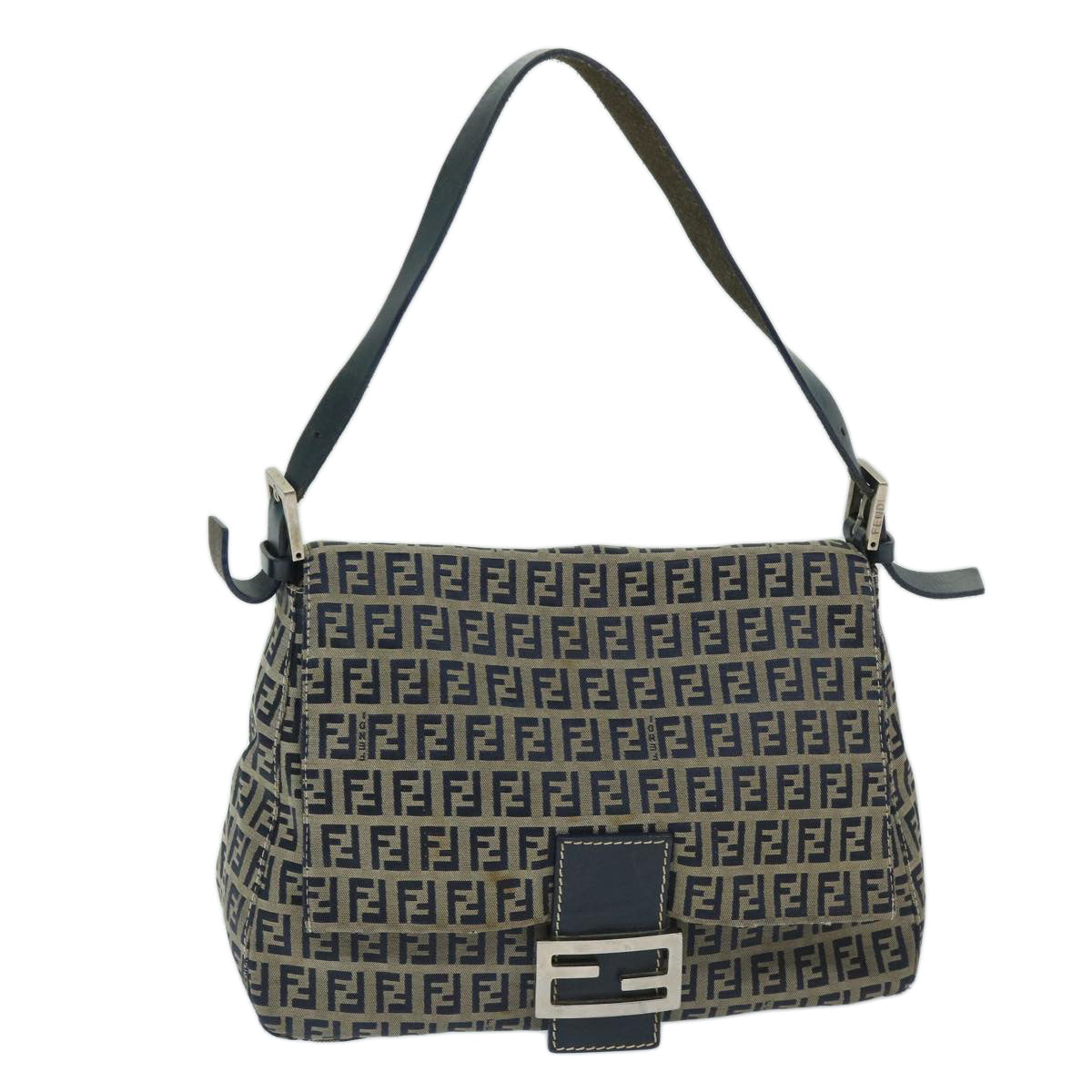 FENDI Zucchino Canvas Mamma Baguette Shoulder Bag Navy 68578