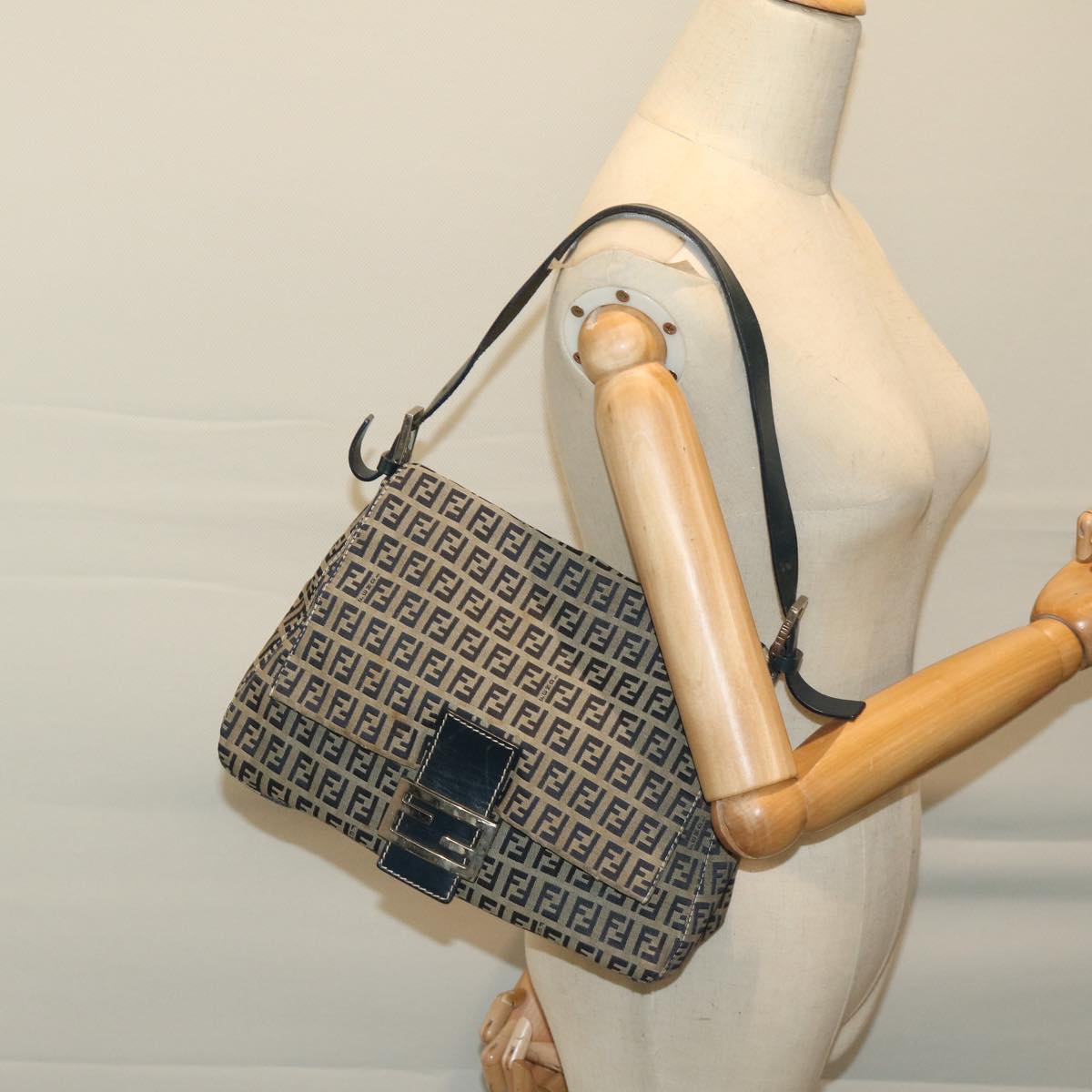 FENDI Zucchino Canvas Mamma Baguette Shoulder Bag Navy 68578