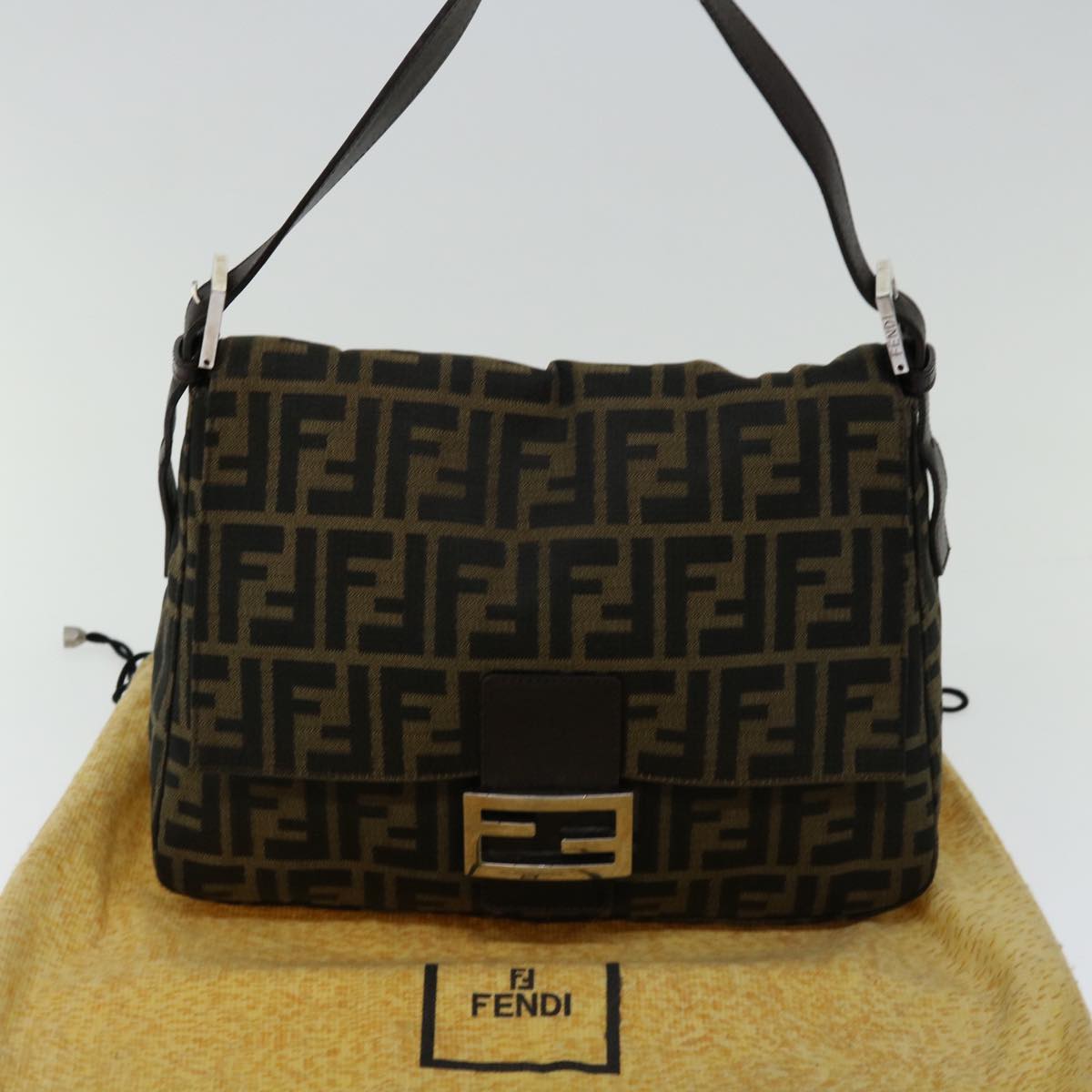 FENDI Zucca Canvas Mamma Baguette Shoulder Bag Black Brown 68582