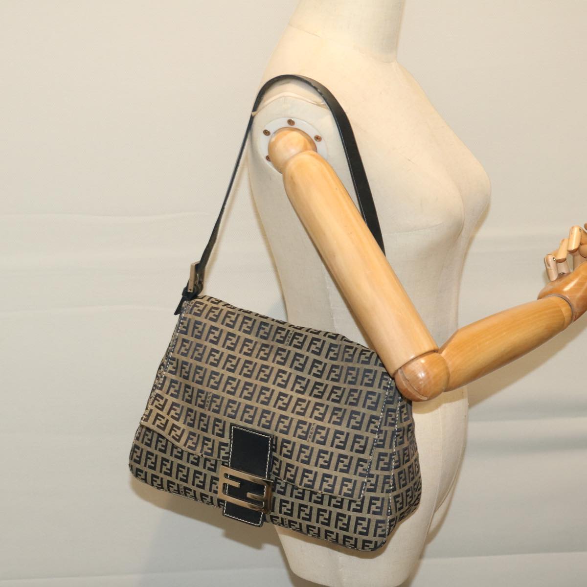 FENDI Zucchino Canvas Mamma Baguette Shoulder Bag Navy 69434